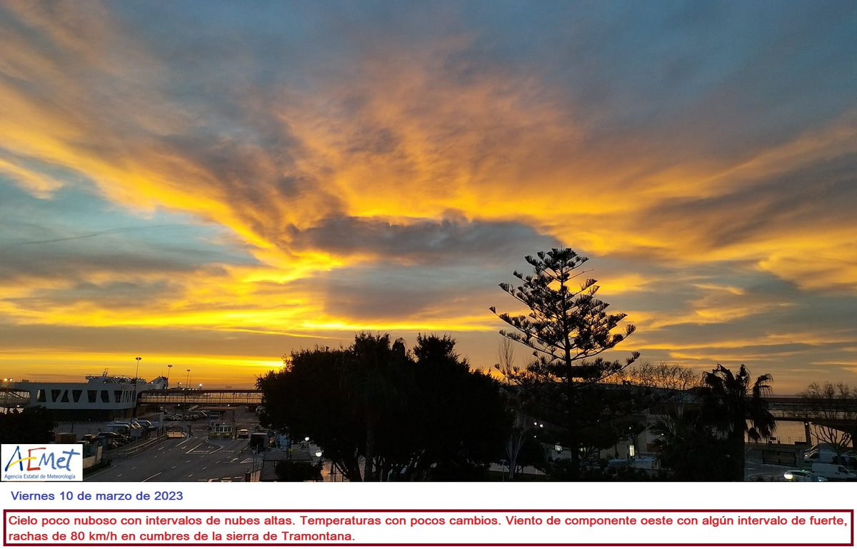 AEMET_Baleares's tweet image. Viernes 10.
Intervalos de nubes altas. 
Temperaturas diurnas entre 19 y 24ºC.
Viento de componente oeste con algún intervalo de fuerte, rachas de 80 km/h en cumbres de la #SerraTramuntana #Mallorca.

Predicción #IllesBalears:
aemet.es/es/eltiempo/pr…