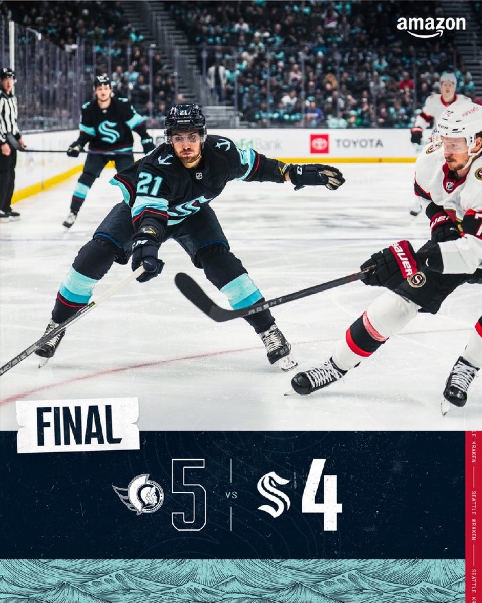 ❌ DÉFAITE 🆚 <a href="/Senators/">Ottawa Senators</a> 

Jusqu’à 3 buts de retard mais le regain d’orgueil n’aura pas suffit à combler totalement le déficit au tableau d’affichage. 

Match intéressant au niveau comptable pour la triplette Dunn-McCann-Gourde (2 pts pour chacun) 

#SeaKraken