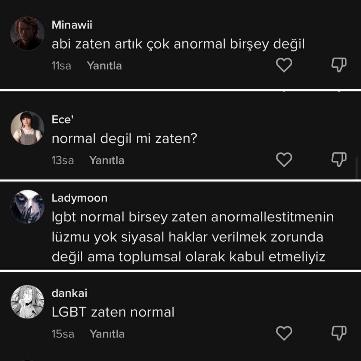 sertacabii's tweet photo. Önceki gün sizlerle paylaştığım LG^BT videosunu TikTok’taki hesabımda da paylaşmıştım. TikTok’ta beni çoğunlukla çocuklar ve gençler takip ediyor. Yorumlarını çok merak ediyordum. Okuduğumda resmen yıkıldım…

Görsele bakıp sizlerinde okumasını istiyorum. İşte normalleştirme böyle oluyor. Sürekli göstere göstere “abi zaten normal” dedirtiyorlar. Normalleşen şeyin de uygulanması kolaylaşıyor. Daha bu yaştan bunlara normal diyen çocuklar sizce büyüdüğünde nasıl bir toplum inşa edecek? 

Bir çocuk, bir video ile elbette bunu normalleştirmiyor fakat her normalleşme bir video ile başlıyor. Sonrasında izlediği her bir video zihnine ekilen bu iğrenç tohumu besliyor ve filizlendiriyor. Böylelikle yıllar sonra istenilen kıvama getiriliyor.

Yanlış hatırlamıyorsam 2003 yılında ülkemizde ilk onnur(suzluk) yürüyüşü yapıldığında 40 kişi katılmıştı. 2013’teki son onnur yürüyüşü ise 100 bin kişiyle yapıldı. 10 senede 40 kişi, nasıl 100 bin kişi oldu? İşte bu normalleştirme çalışmalarıyla.

Bu konuya asla tavizimiz yok asla saygı da duymuyoruz. Tıbbi argümanların arkasına saklanmalarını da asla kabul etmiyoruz. Hepsi bir yalan.

Bir çocuğu sokakta başıboş ve tek başına bırakmak ne kadar tehlikeliyse, dijitalde kendi haline bırakmak bin kat daha tehlikeli. İşte bu yüzden çocuklarımıza dijitalde eşlik etmeli ve karşılaştığı şeyler üzerine muhabbet edip bilinçlendirmeliyiz. Anne babalar olarak dijitale asla kayıtsız kalamayız.