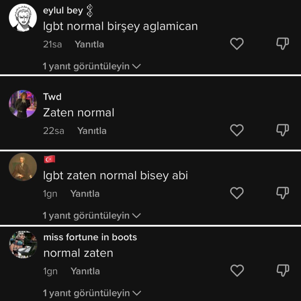 Önceki gün sizlerle paylaştığım LG^BT videosunu TikTok’taki hesabımda da paylaşmıştım. TikTok’ta beni çoğunlukla çocuklar ve gençler takip ediyor. Yorumlarını çok merak ediyordum. Okuduğumda resmen yıkıldım…

Görsele bakıp sizlerinde okumasını istiyorum. İşte normalleştirme