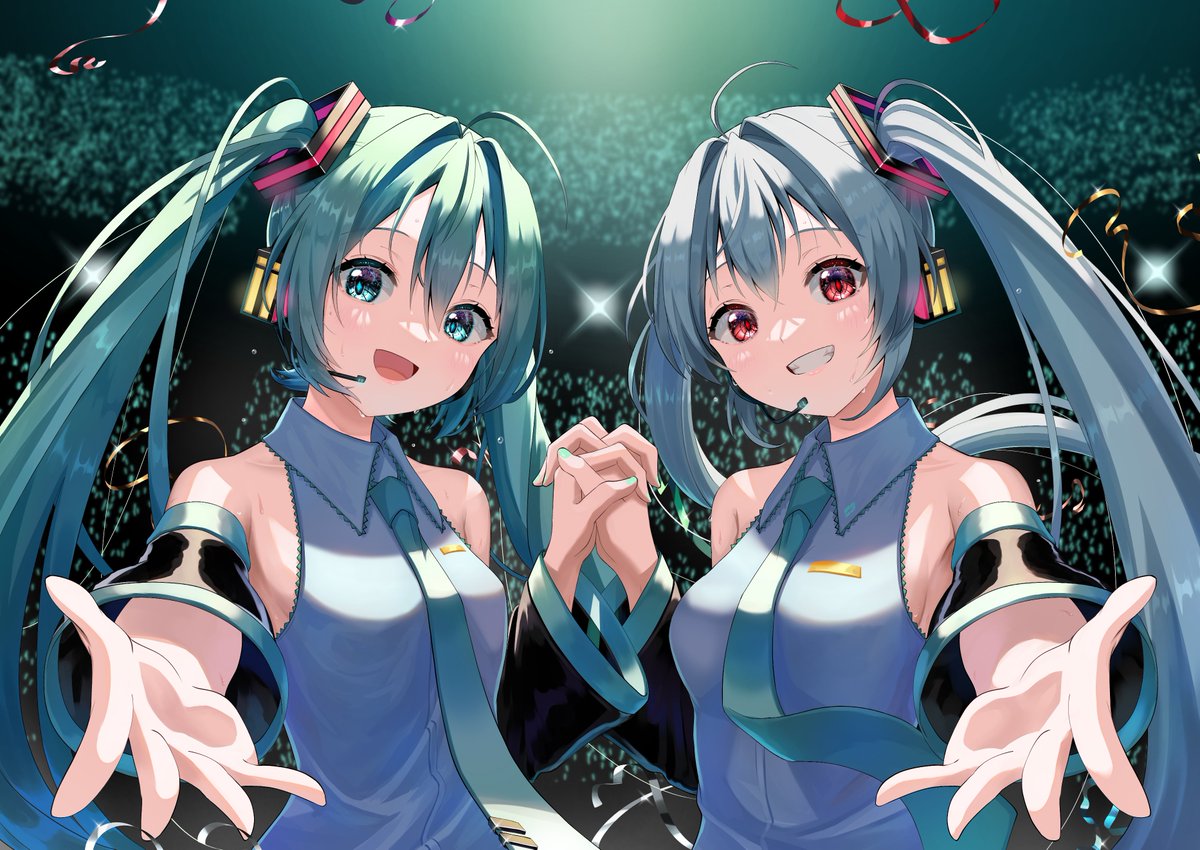 hatsune miku multiple girls twintails 2girls long hair necktie smile holding hands  illustration images