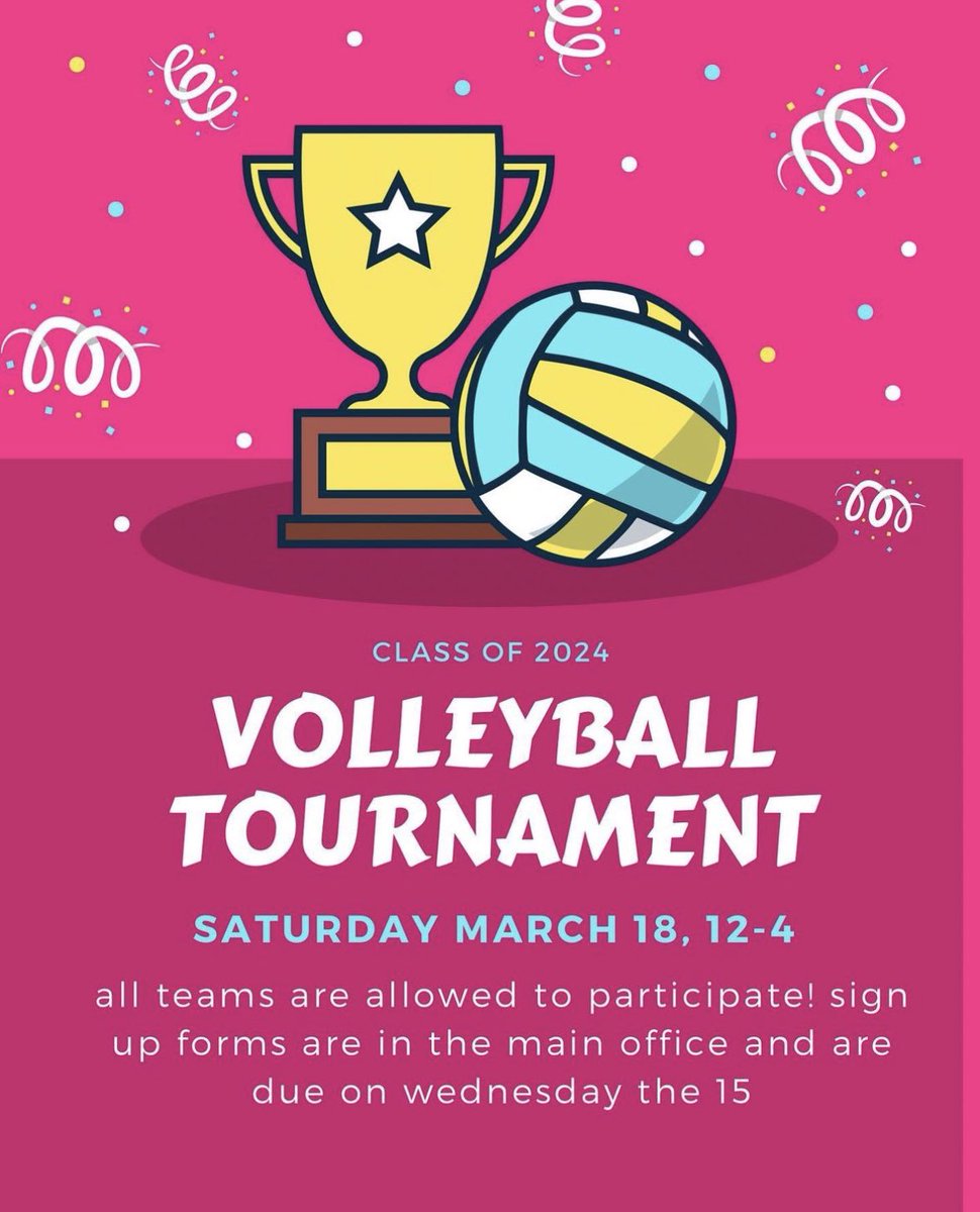 Support the class of 2024 by playing volleyball on March 18! Anyone in grades 9-12 can participate! There will be prizes for the winning team!