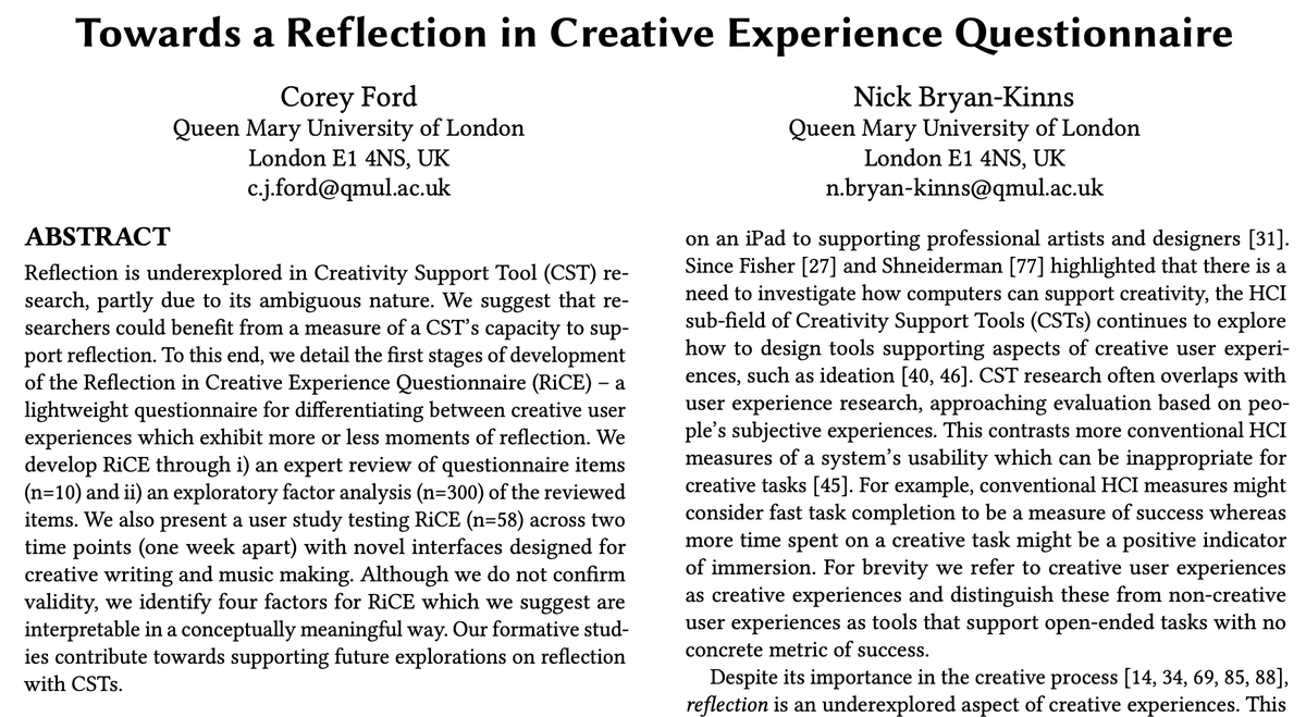 Corey Ford (@coreysresearch) on Twitter photo Accepted @ #CHI2023 š: My paper with @nickbknickbk introduces RiCE, a questionnaire to differentiate between creative user experiences with more/less moments of reflection. A potential tool for CST researchers.
<a href="/CDT_AI_Music/">CDT Artificial Intelligence+Music</a> <a href="/c4dm/">C4DM at QMUL</a> <a href="/ISaM_C4DM/">Sonic Interaction Design Lab</a> <a href="/QMEECS/">QMUL Electronic Engineering and Computer Science</a> <a href="/acm_chi/">ACM CHI Conference</a>
Thread below š§µš Accepted @ #CHI2023 š: My paper with @nickbknickbk introduces RiCE, a questionnaire to differentiate between creative user experiences with more/less moments of reflection. A potential tool for CST researchers.
<a href="/CDT_AI_Music/">CDT Artificial Intelligence+Music</a> <a href="/c4dm/">C4DM at QMUL</a> <a href="/ISaM_C4DM/">Sonic Interaction Design Lab</a> <a href="/QMEECS/">QMUL Electronic Engineering and Computer Science</a> <a href="/acm_chi/">ACM CHI Conference</a>
Thread below š§µš
