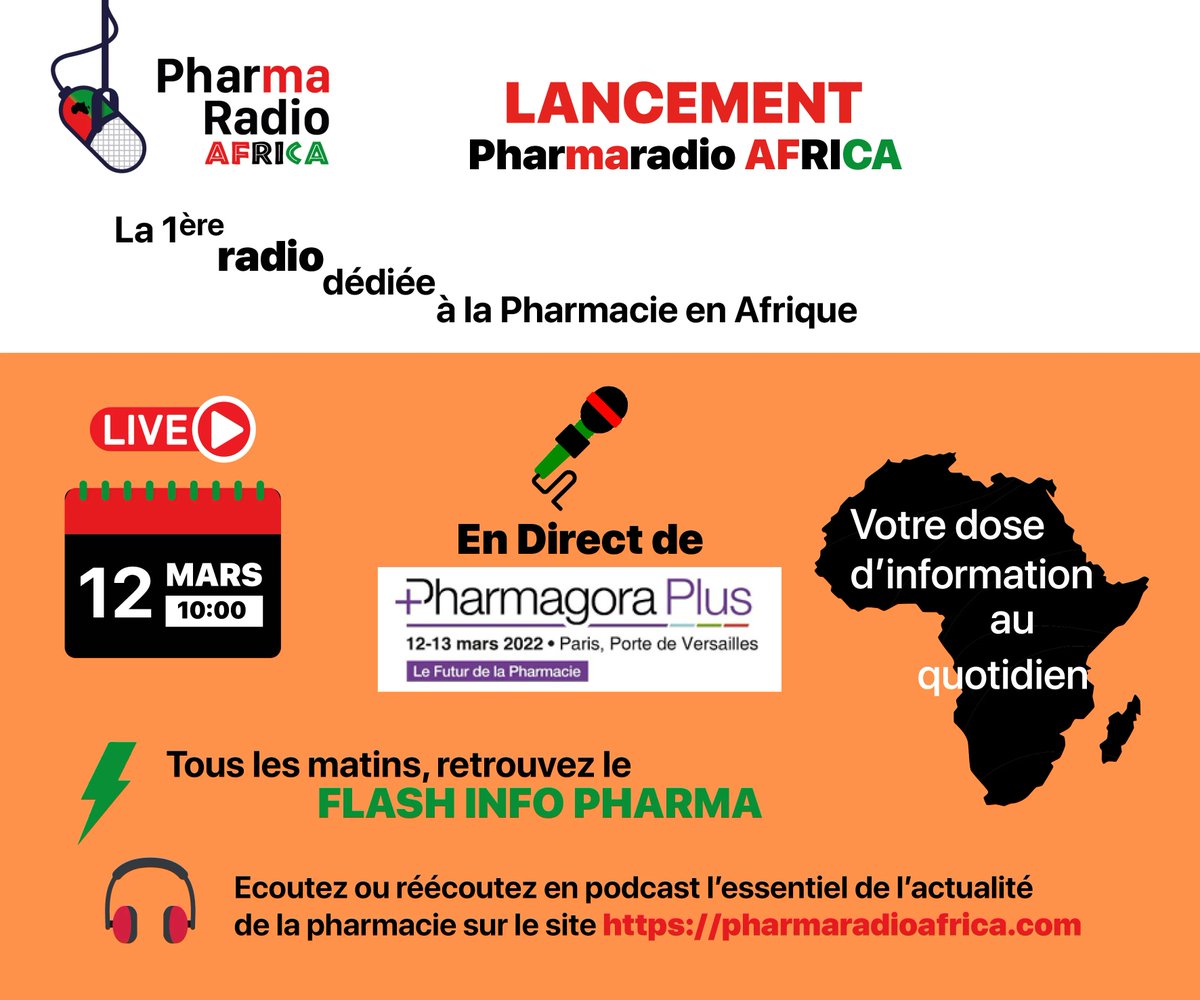 Pharmaradio lance Pharmaradio Africa le 12 mars prochain en direct de PharmagoraPlus de 10h à 13h.
 
Pour écouter la première radio professionnelle dédiée à la Pharmacie en Afrique francophone, c'est ici : buff.ly/3mzPljD