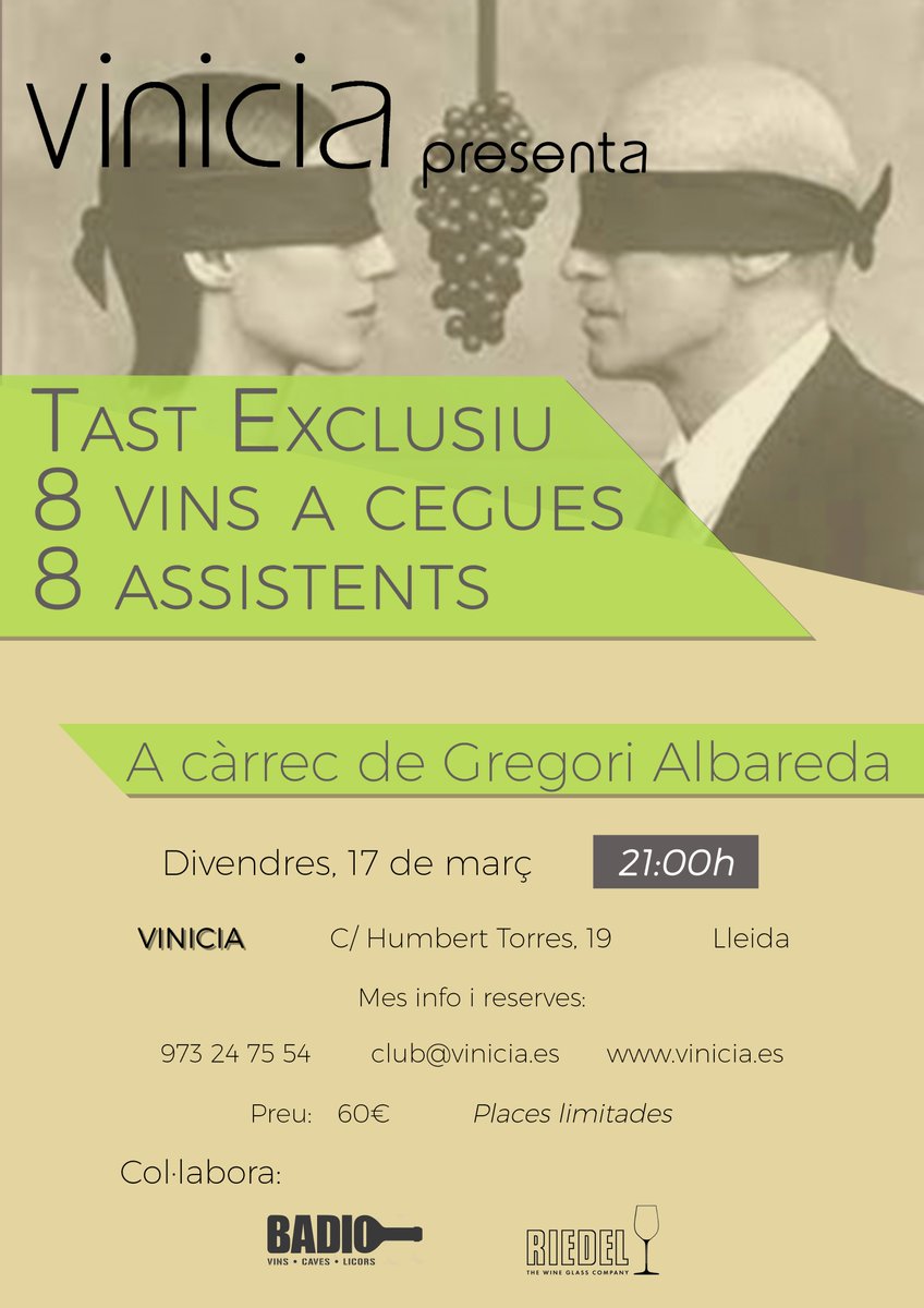 TAST EXCLUSIU
8 VINS A CEGUES
8 ASSISTENTS

Esteu preparats per un dels tastos més especials d'aquest any? Tastarem petites joies però ho farem A CEGUES!
Places molt limitades!
.
.
.
#tastavinicia #tastdevins #vialleida #sommelier #winetaste #catadevinos @rvlleida