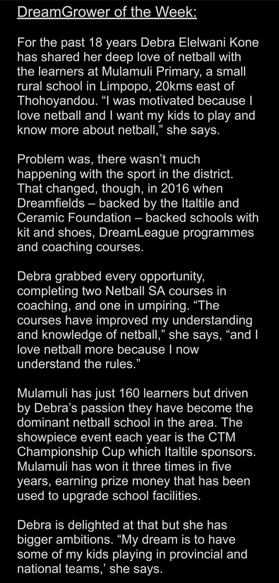 DreamfieldsP's tweet image. DreamGrower of the Week:
For the past 18 years Debra Elelwani Kone has shared her deep love of netball with the learners at Mulamuli Primary, a small rural school in Limpopo, 20kms east of Thohoyandou.......
#GrowingDreams #DreamfieldsProject #Netball #Allin #Sports #School