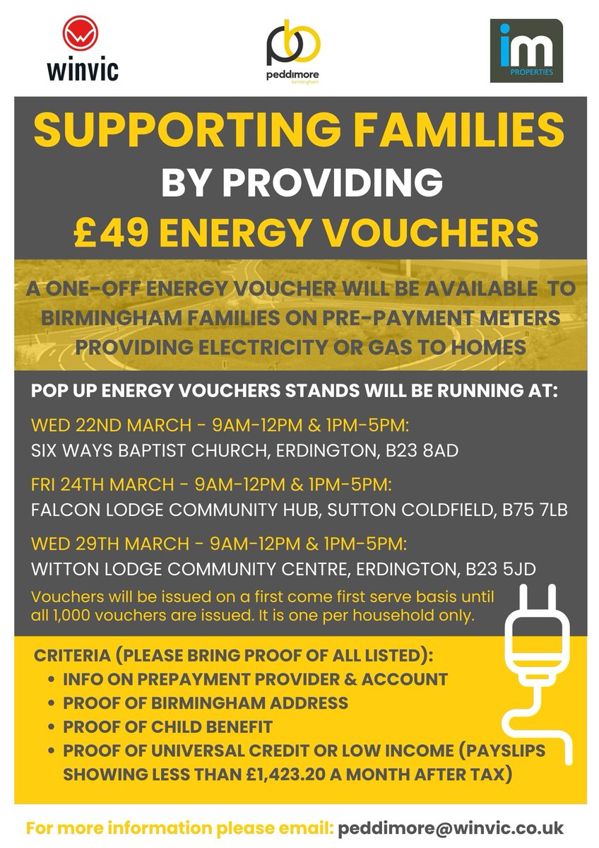 PauletteHamilto's tweet photo. 🚨 £49 Energy vouchers available soon🚨

@WinvicLtd have teamed up with @IMProps to provide 1,000 energy vouchers for local families living close to @PeddimoreBham 

📅 Due to high demand, NEW times/dates/locations have been added in March.

For more information, see below 👇🏿 https://t.co/oUVMJiiuUq