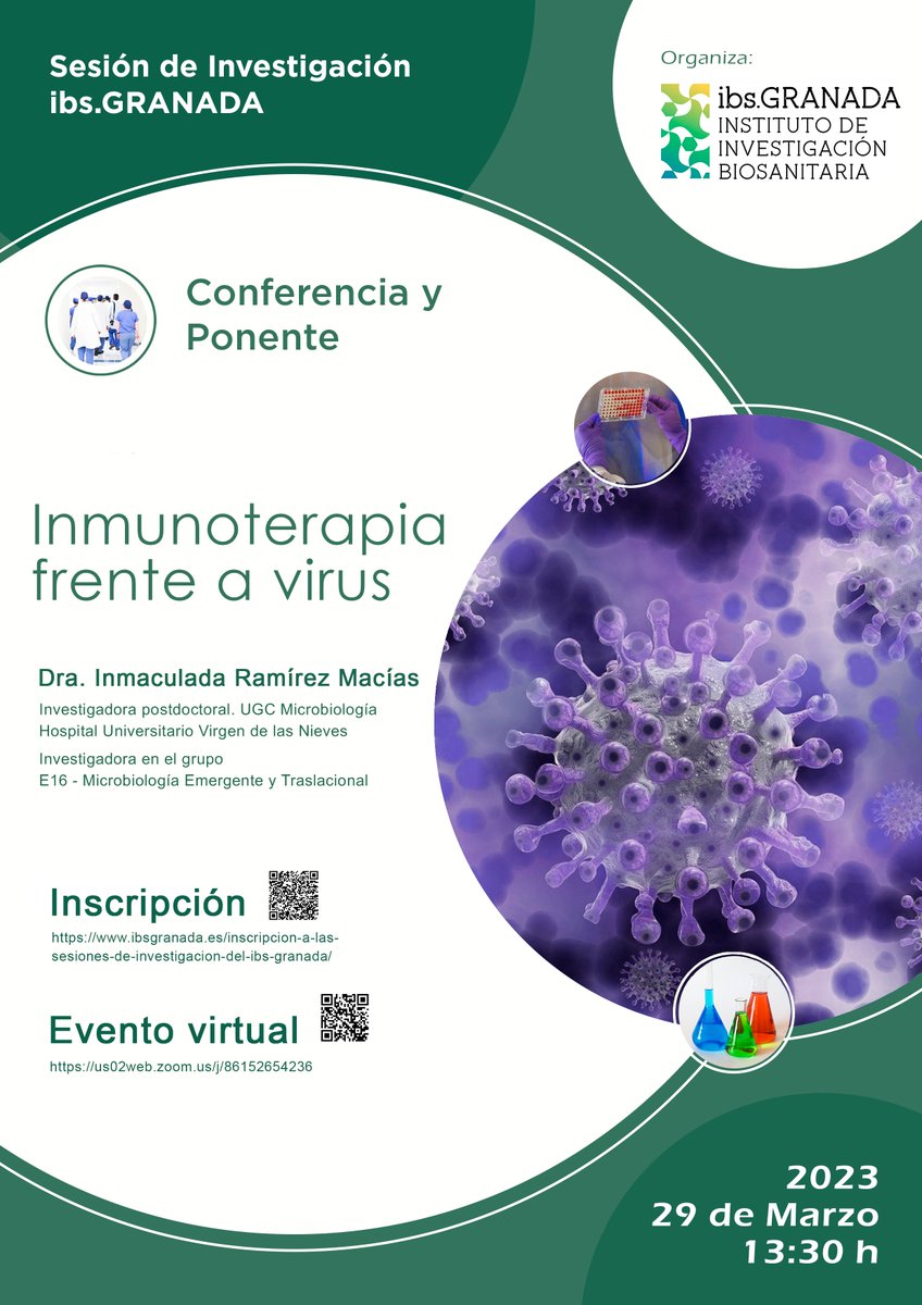 #Eventosinvestigacion 

La nueva sesión de investigación #ibsGRANADA es el 📆29M ⌚13:30h: Inmunoterapia frente a virus por Inmaculada Ramírez. ¡No te lo puedes perder!

👇Más información e inscripciones:
ibsgranada.es/events/sesion-…

<a href="/clinicogranada/">Hospital Universitario Clínico San Cecilio</a> <a href="/hospital_hvn/">HUVN</a> <a href="/CanalUGR/">Universidad Granada</a> <a href="/EASPsalud/">Escuela Andaluza SP</a>