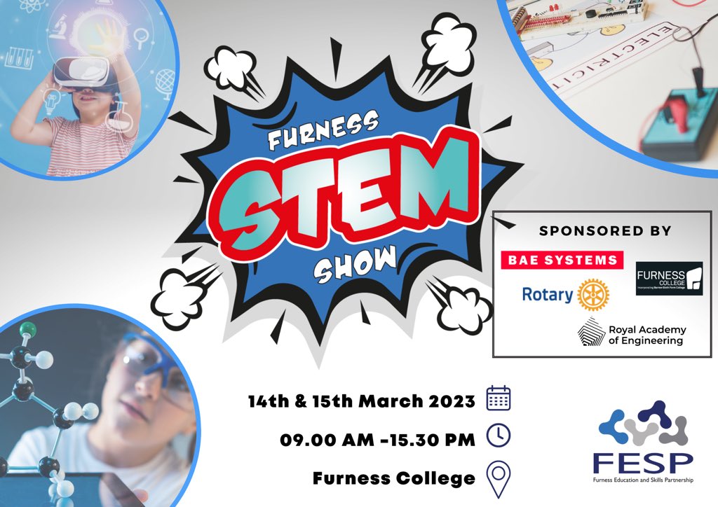 Looking forward to welcoming schools to the #FurnessSTEM show. next Tuesday &amp; Wednesday. 
Lots of brilliant exhibitors plus the  fabulous Professor Pumpernickel with his amazing science show 💥
Huge thanks to sponsors <a href="/BAES_Maritime/">BAE Systems Maritime</a> <a href="/furness_college/">Furness College</a> local Rotary clubs <a href="/RAEngNews/">Royal Academy of Engineering</a>