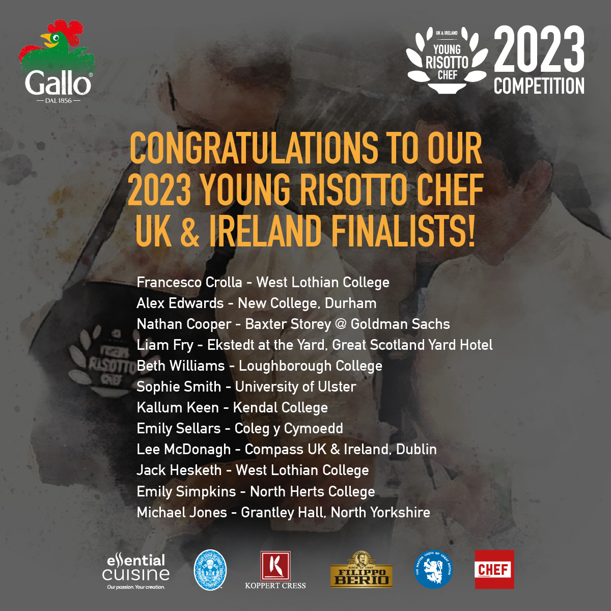 Our heats are complete! We proudly present our regional finalists - 12 young Maestros of Risotto ready to cook it out down to the last grain! We are SO EXCITED for this final. <a href="/RisoGalloUK/">RisoGalloUK</a> <a href="/masterchefsgb/">Master Chefs of Great Britain</a> <a href="/Craft_Guild/">Craft Guild of Chefs</a> @essentialcuisin <a href="/chefpublishing/">Chef & Restaurant Magazine</a> <a href="/FilippoBerio/">Filippo Berio</a> <a href="/koppertcressUK/">KoppertCress UAE-UK</a>