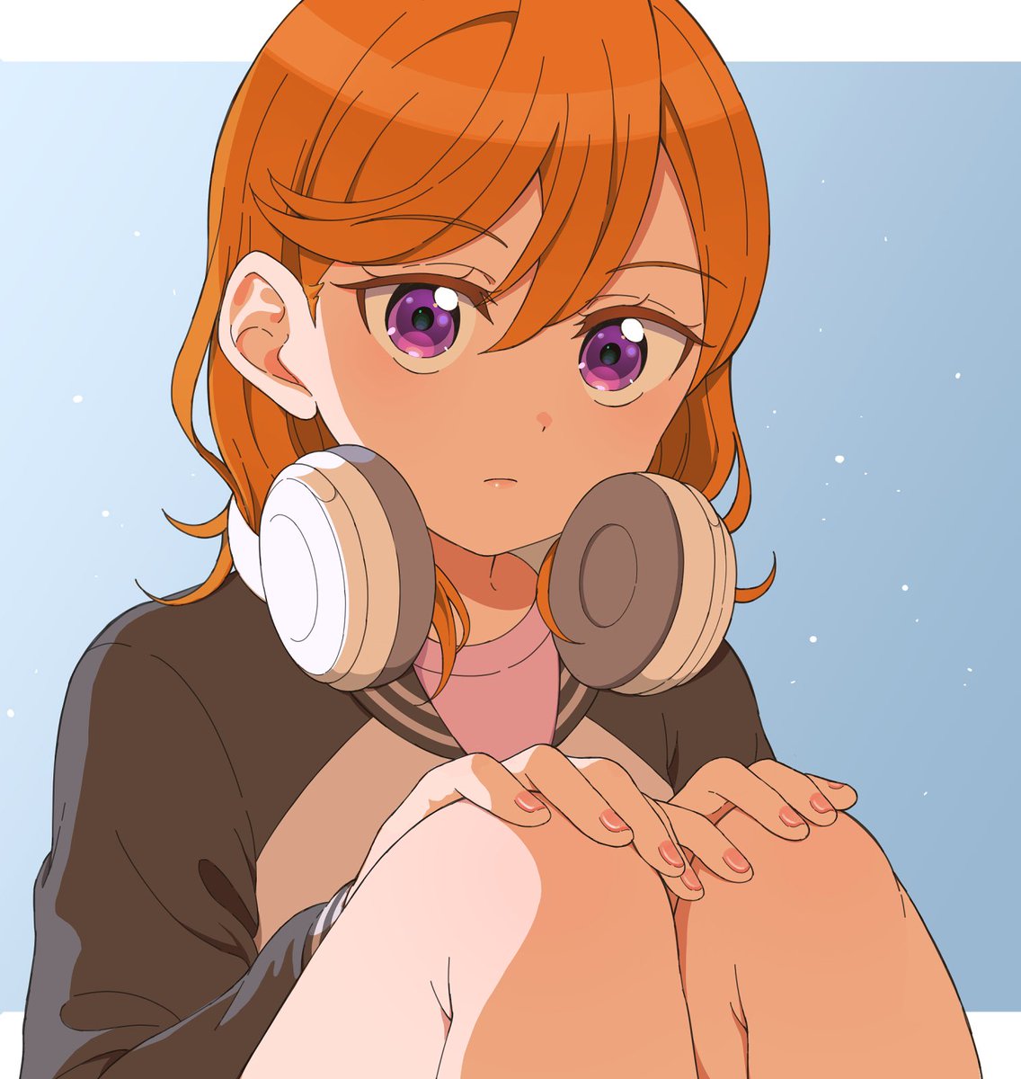 shibuya kanon 1girl headphones around neck headphones solo purple eyes orange hair jacket  illustration images