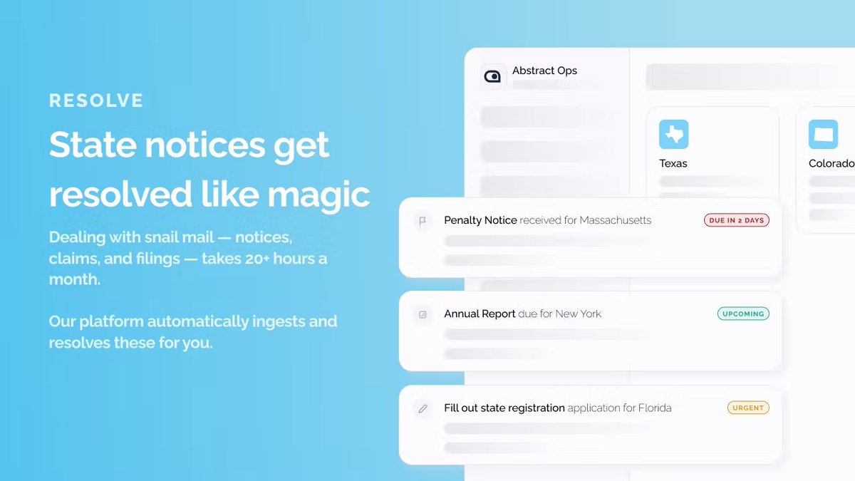 haridigresses's tweet photo. It's launch day!

At @AbstractOpsCo we've we've gotten repeatedly pulled by customers in the direction of a) unblocking HR and b) easing bureaucracy and compliance.

Why? Every time you hire someone in a new state, you have to register with 2-7 different agencies!

(1/6) https://t.co/sqUCoxAVpy