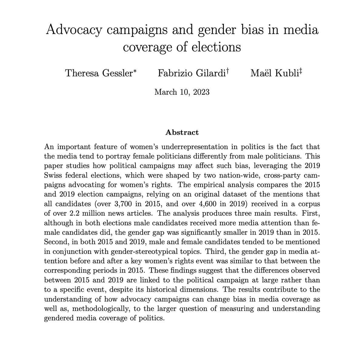Advocacy campaigns and gender bias in media coverage of elections New paper together with @th_ges & @MaelKubli osf.io/y8bc3/