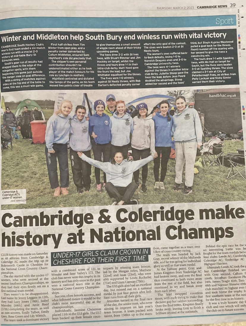 Fantastic to see Amie and Rose in the Cambridge news. They performed well to help the team take a dominant victory in the National Cross Country Championships 🏃‍♀️