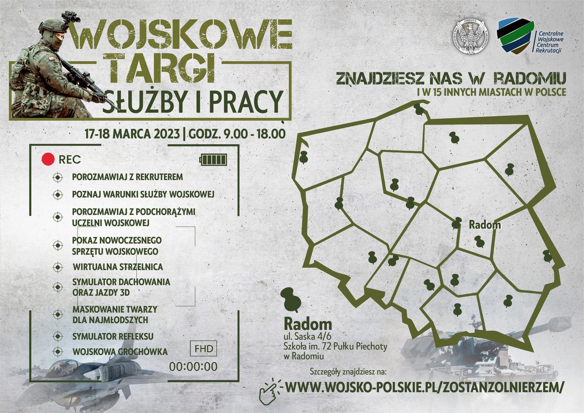 WCRGarwolin's tweet photo. Wojskowe Targi Służby i Pracy to szansa dla wszystkich, którzy szukają ciekawej pracy, stałego wynagrodzenia lub chcą podjąć nowe wyzwania w swoim życiu.
ℹ️ Już dziś zaplanuj wizytę 17 i 18 marca w #Radom!
#Musztra #WCR #CWCR
#DołączDoNas 🇵🇱#ZostańŻołnierzem 🇵🇱 https://t.co/5jRDeanZjt