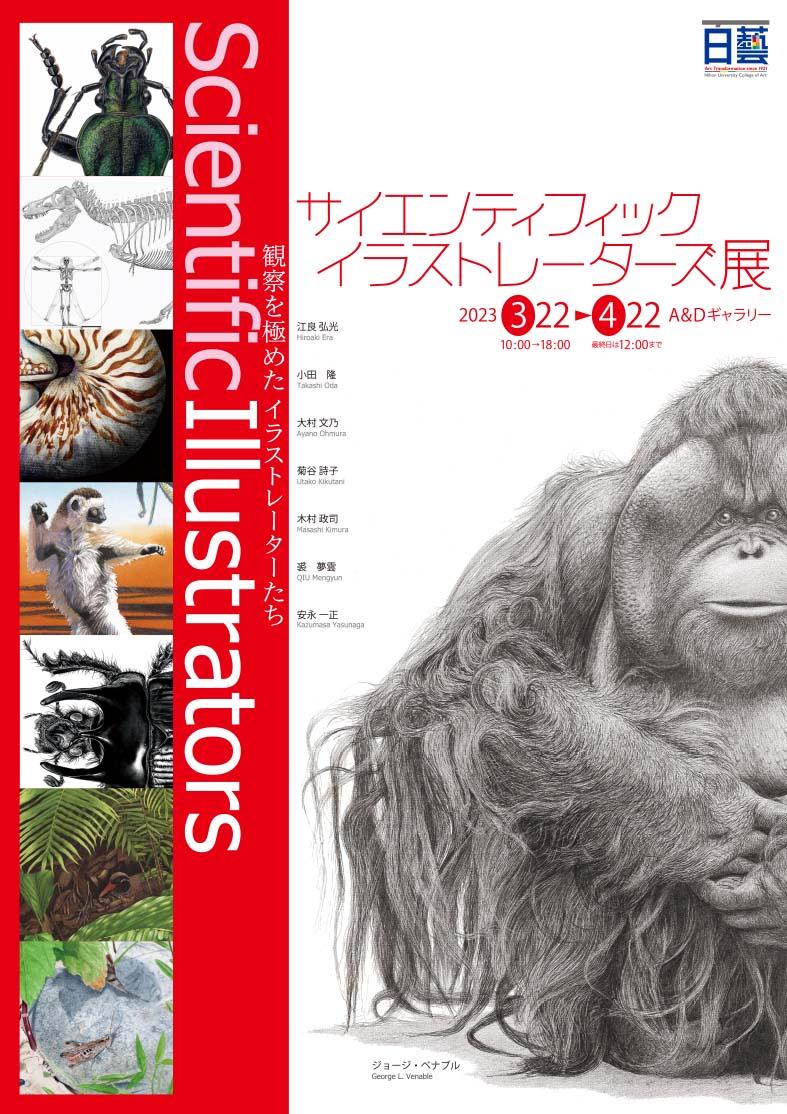 「サインティフィックイラストレーターズ展」
Scientific Illustrators Exhibit
〜観察を極めたイラストレーターたち〜
出品者:江良弘光,小田 隆,大村文乃,菊谷詩子,木村政司,裘 夢雲,安永一正
 ゲスト作品:ジョージ. L. ベナブル
場 所:日本大学芸術学部A&Dギャラリー 