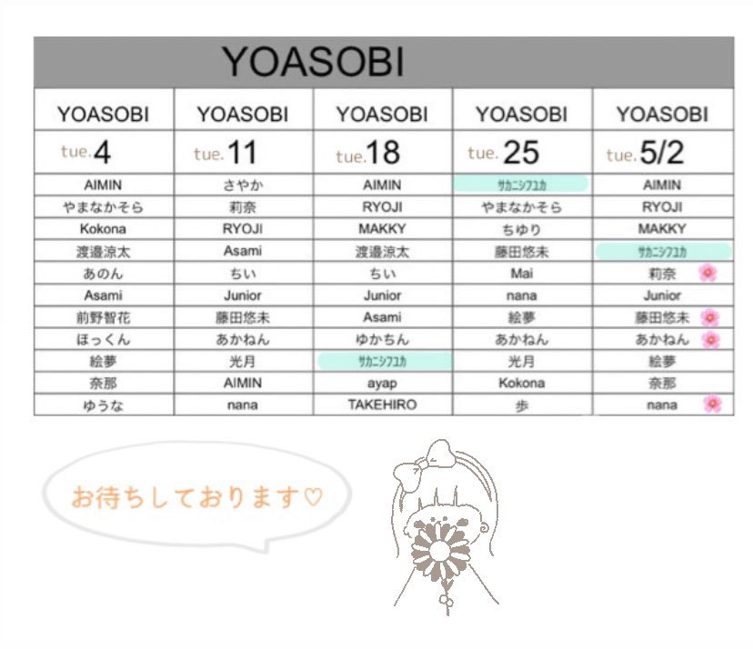 こんばんは🌙
最後のふゆぴメモ✍️•*¨*•.¸¸♬

4月5月の出演は（火）です🌼🌈✨

🕊4/8⋆4/25⋆5/2の #yoasobi公演
🔥ぜんぶの #強火エンタメ軍団

5月2日(火)が卒業式🥹👋🌸