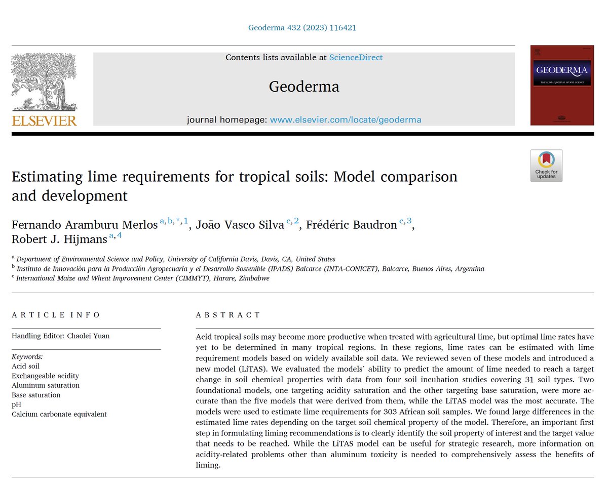 FBaudron's tweet photo. π¨π’#JustPublished in @Geoderma_Jrnl.
"Estimating lime requirements for #tropical #soil(s): Model comparison and development"
Output from our @gatesfoundation-funded & @CIMMYT-led project on management of #AcidSoils in East #Africa. https://t.co/lgEvdstxOX