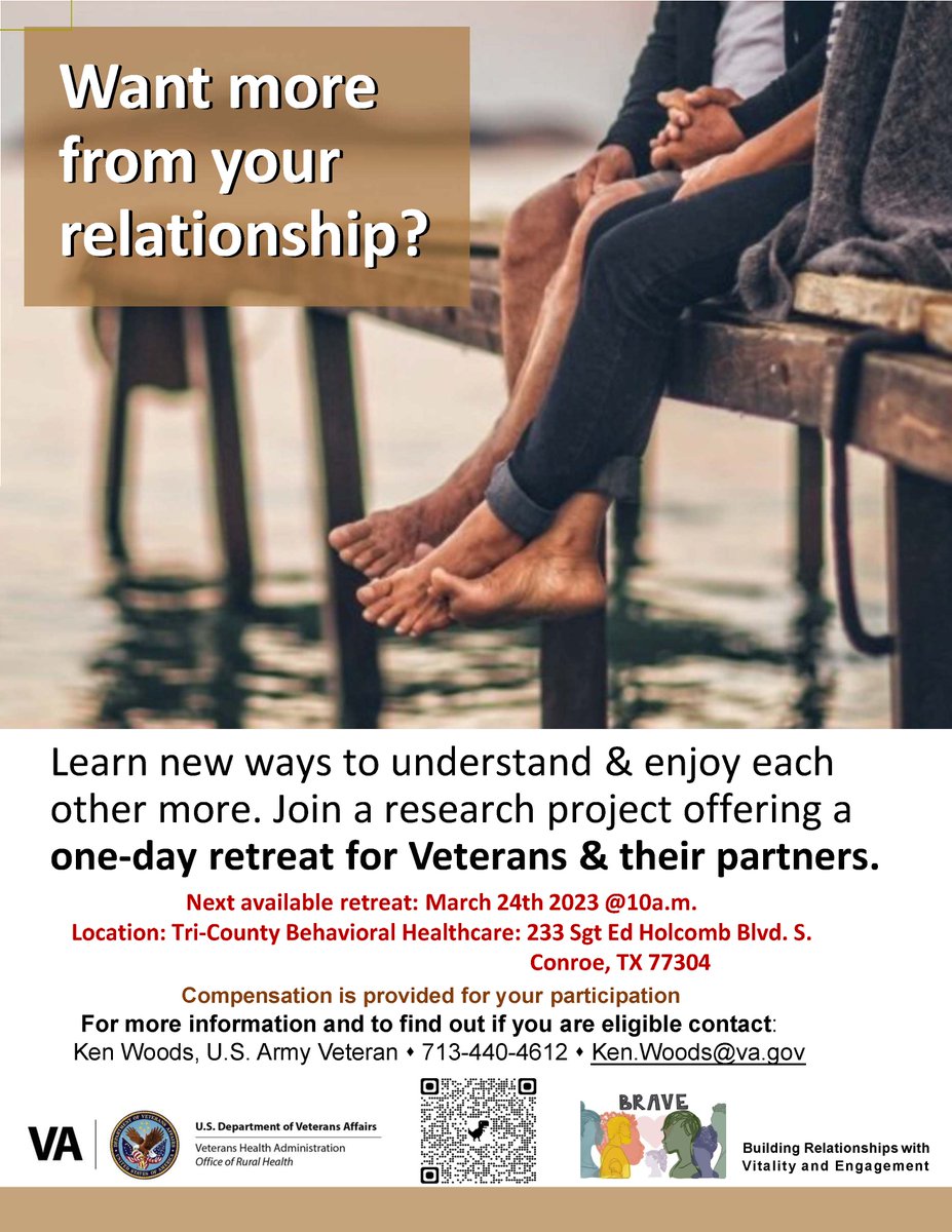 Two weeks from today, on Friday, March 24, is the #TexasVeterans &amp; partners retreat workshop in Conroe.

To sign up, contact Ken.Woods@va.gov or call 713-440-4612