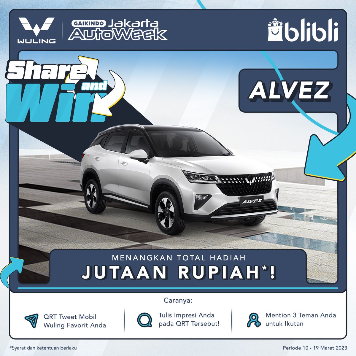 WulingMotorsID's tweet photo. #WulingMotors mau bagi-bagi hadiah di #WulingShareAndWin #GJAW2023 π
Pilih & QRT mobil Wuling kesukaan Anda di #WulingGJAW2023 pada tweet berikutnya dan menangkan hadiah total senilai jutaan Rupiah!
Jangan lupa wajib follow, like & RT postingan ini ya! https://t.co/1CnWbw9gHG