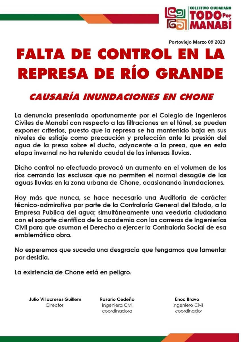 por_manabi's tweet image. #Chone está en PELIGRO, las fallas detectadas en la Presa de Río Grande , pone en peligro su existencia  

@ContraloriaECU de oficio debe iniciar auditoria. Sociedad civid debe constituir  veedurias apoyada con academia para que asuman el Derecho  ejercer la #ContraloríaSocial.