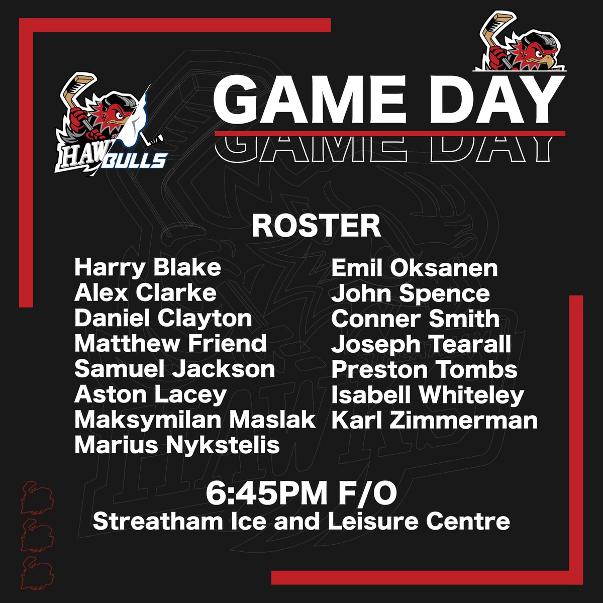GAME DAY! 🏒📣

We take on the visiting <a href="/BristolPitbulls/">Drive Bristol North Pitbulls</a> 2 at Streatham tonight. It's our last SATURDAY HOME game of the season, so pop on down, BYOB and enjoy the match.

Burgess and Richardson are out through injury and S. Smith, Ratcliffe are unavailable.

#Streatham #nihl2