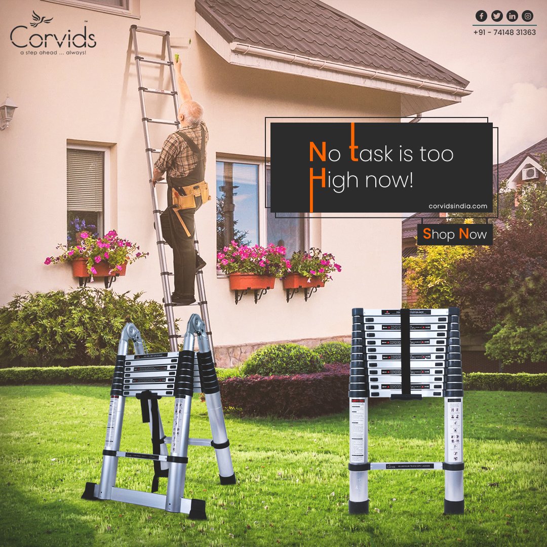 CorvidsIndia's tweet photo. Step up your game with Corvids Telescopic ladder - The smart and convenient way to tackle any height challenge.  Get the job done with confidence and ease, Grab the deal Now! 
#Corvidsindia #Happyhome #homedecore #Homeimprovement #multipurposeladder #ladderforhome #CorvidsLadder https://t.co/VS7qkvvytu