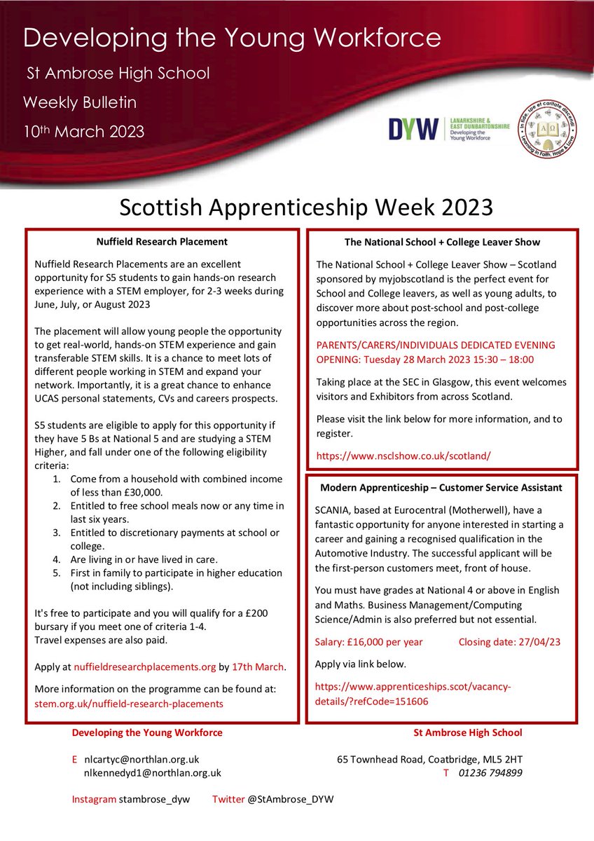 This week’s @stambrosehigh DYW Bulletin, which includes a brilliant opportunity for eligible S5 pupils.

@NuffieldTrust @myjobscotland @apprentice_scot @ScaniaUK @StambrosePS @ambrose_hs 

#DYW #ScotAppWeek