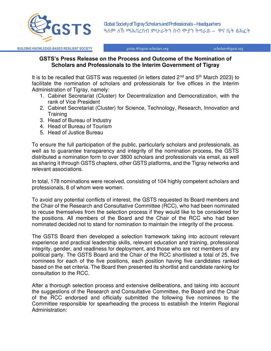 GlobalGsts's tweet photo. GSTS Press Release on the Process and Outcome of the Nomination of Scholars and Professionals to the Interim Government of Tigray https://t.co/8SeMbWT9B6