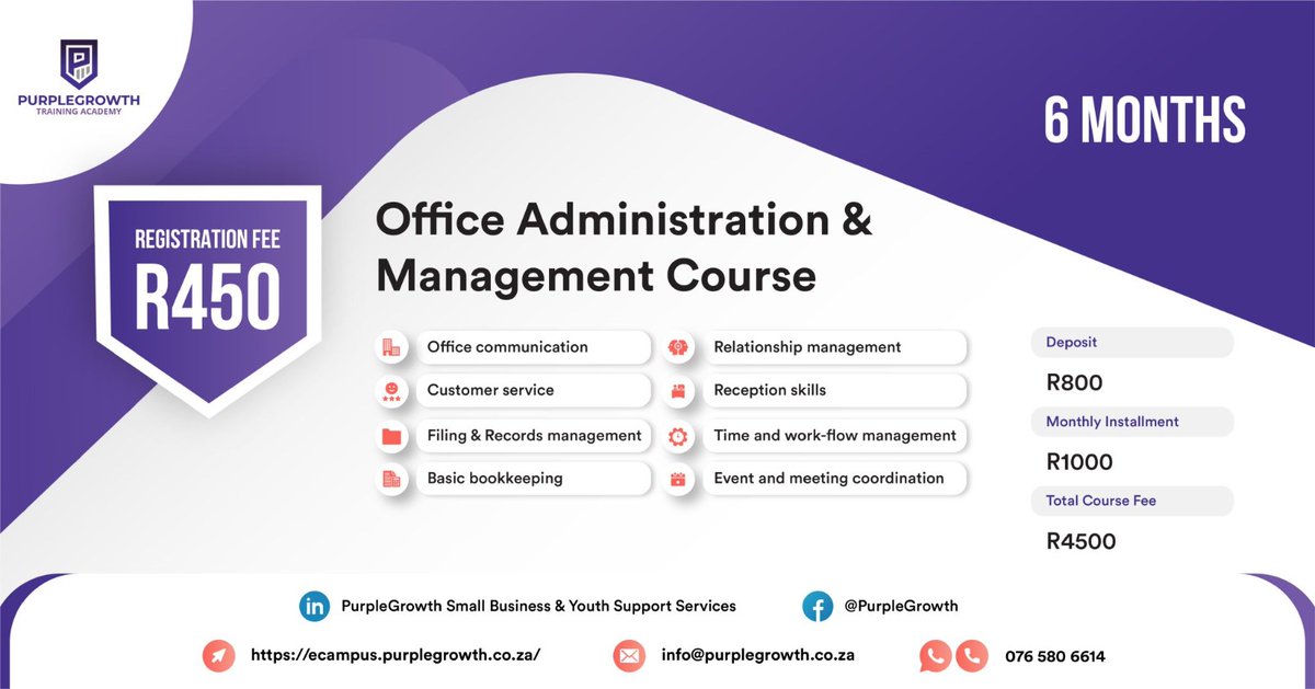 Sign-up today! 

Office Administration & Management Skills Course.
Visit our e-campus now!

Email: Info@purplegrowth.co.za
Web:lnkd.in/dEFyAd3K
WhatsApp: wa.me/+27765806614

#CompetencyCertificate
#AccreditedCourses
#AffordablePaymentTerms