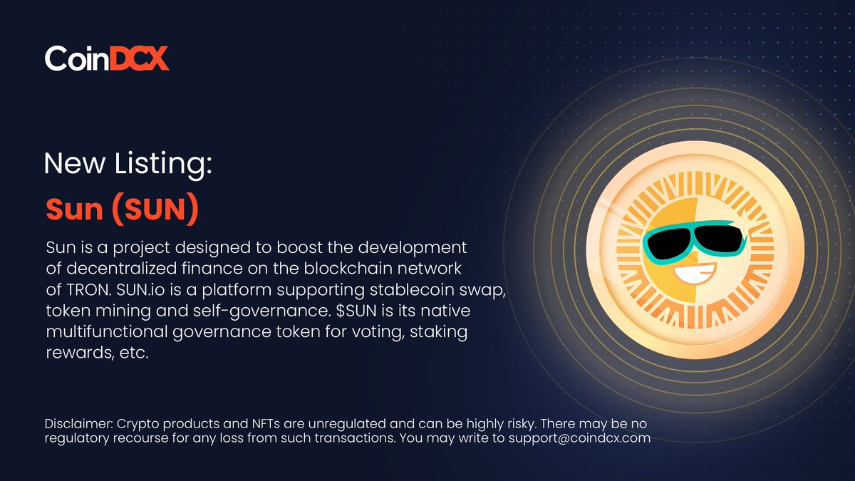 Sun shines brightest today with our newly listed project - $SUN  (@defi_sunio) available for trading on the CoinDCX app! 🤝🎉