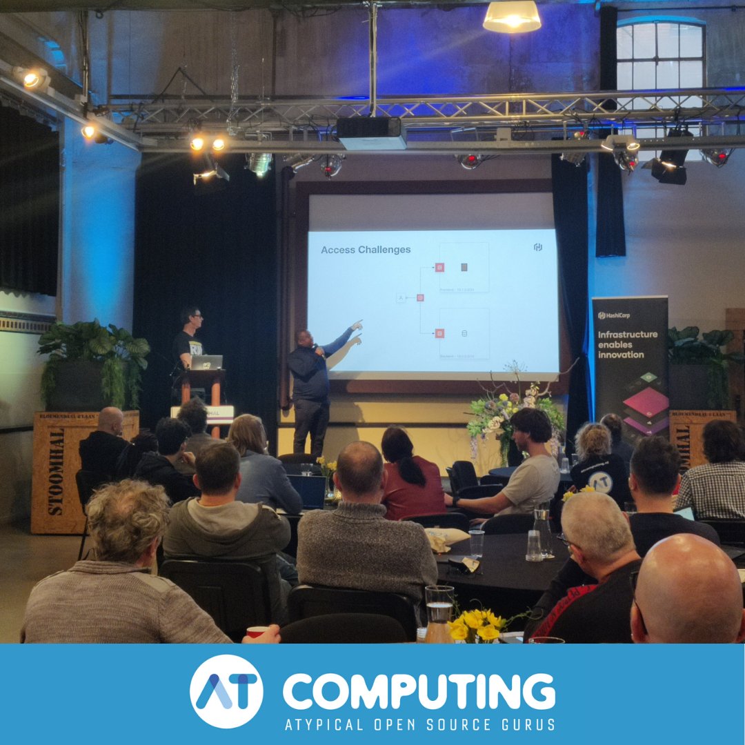 ATComputing's tweet photo. @Nic Jackson and @Robert Barnes from @Hashicorp have taken over the stage to talk about #zerotrust #remoteaccess using #Boundary, #Vault and #Nomad

#opensource #innovatiedag #atypical https://t.co/JMJiZblTPf