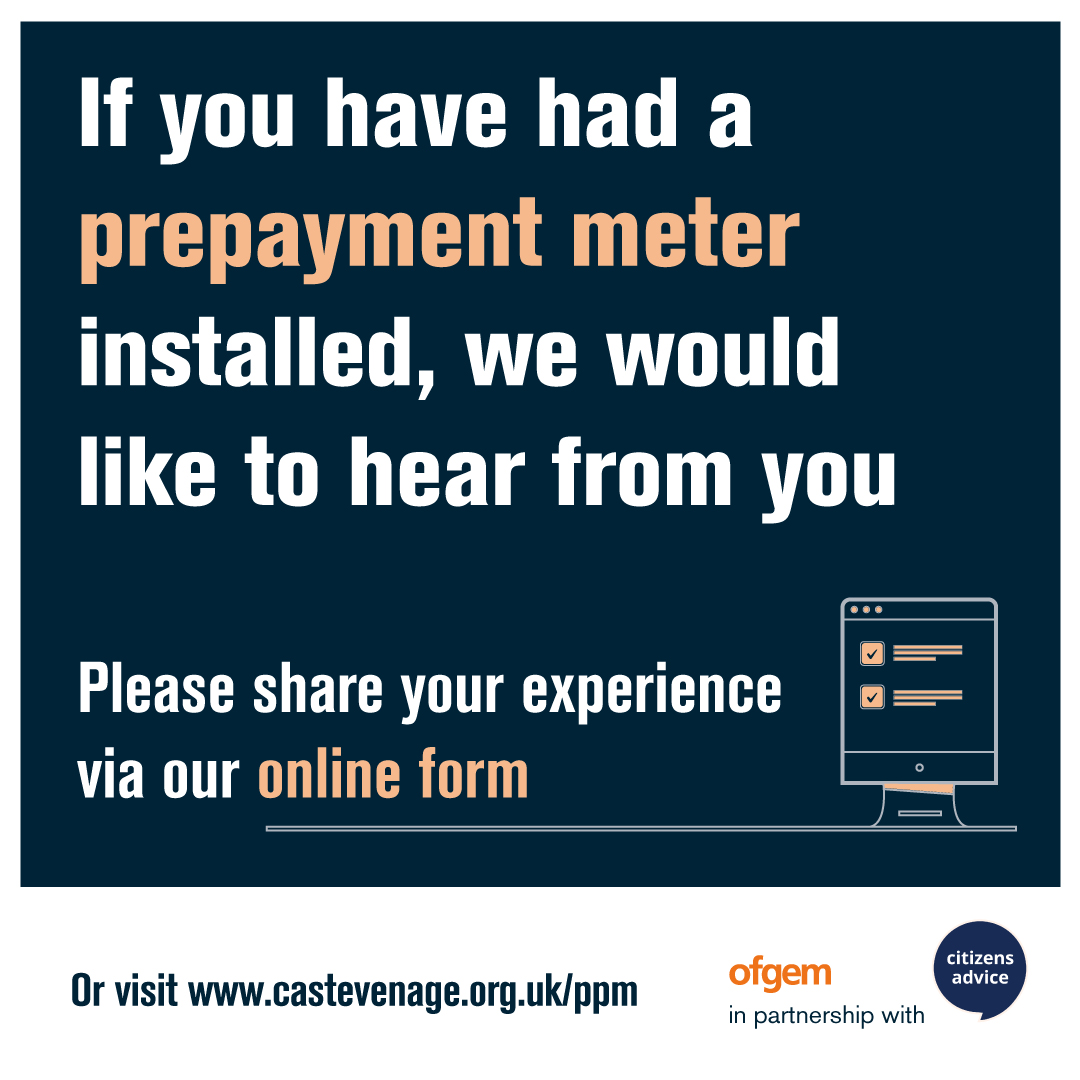 We are looking into the reports of suppliers not playing by the rules when moving their customers onto prepayment meters

If you’ve switched to a PPM, we would like to hear from you

Please share your experience via the <a href="/CitizensAdvice/">CitizensAdvice</a> form linked below ⬇️
ow.ly/VSuK50Nf9Le