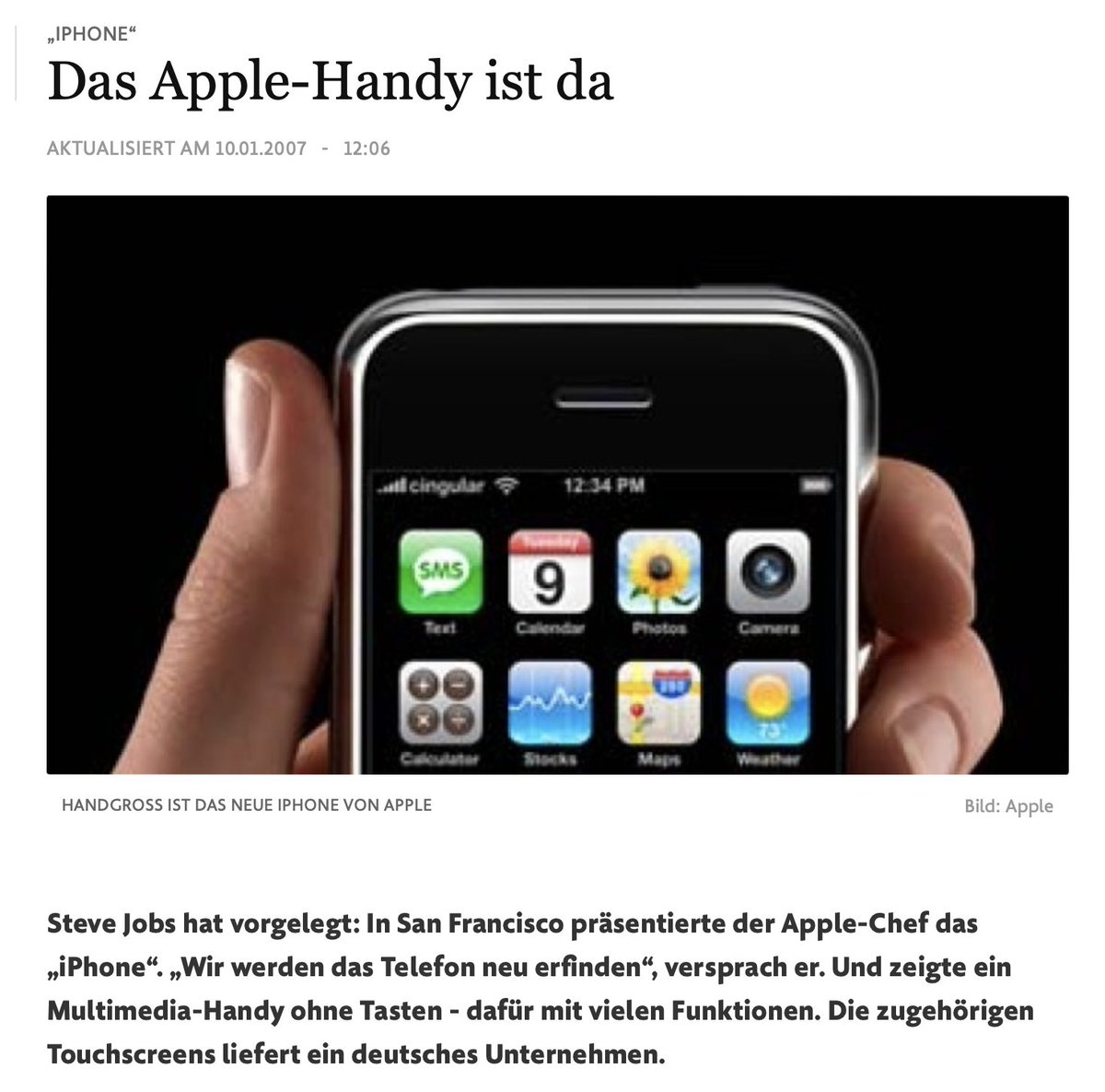 Januar 2007, <a href="/Apple/">Apple</a> präsentiert das #iPhone und die deutsche Bevölkerung ist sich einig: Kein Mensch braucht ein Multimedia-Handy ohne Tasten.

Heute lachen wir über die Menschen von damals, während wir die exakt gleichen Diskussionen nun über #Elektroautos führen.

Wenn man