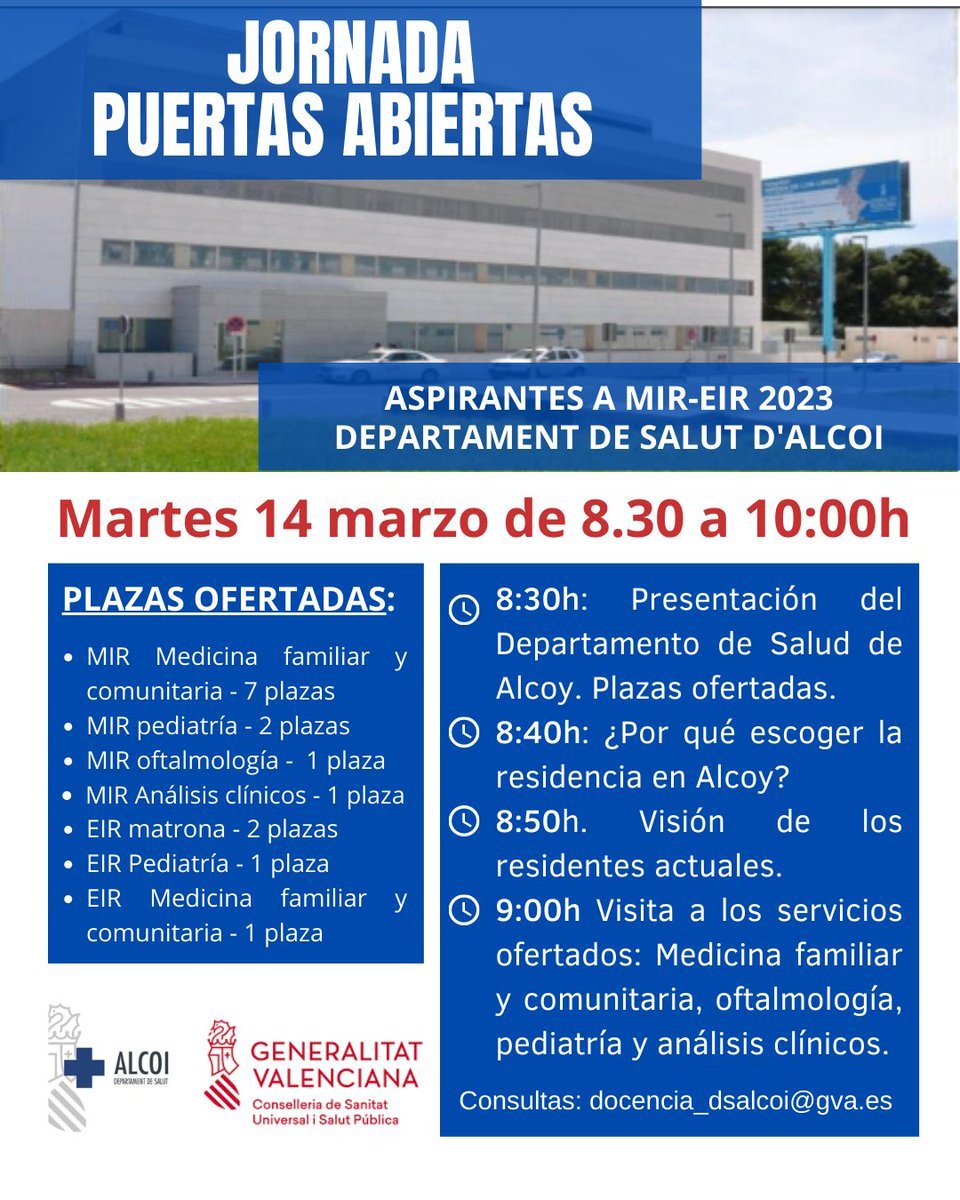 GVAsalutAlcoi's tweet photo. Jornada de portes obertes per a aspirants #MIR #EIR 2023
📆 Dimarts 14 març
📍 Sala d'actes, Hospital #Alcoi
🕣 De 8.30 a 10.00h
#EIRMatrona #EIRComare #Comare #Matrona #MFyC
#Pediatria
#Oftalmologia
#Laboratori
@GVAsanitat https://t.co/tXmv6KxY2I