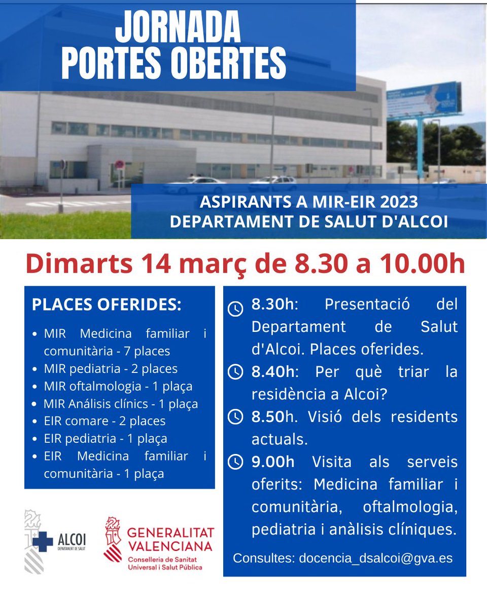 GVAsalutAlcoi's tweet photo. Jornada de portes obertes per a aspirants #MIR #EIR 2023
📆 Dimarts 14 març
📍 Sala d'actes, Hospital #Alcoi
🕣 De 8.30 a 10.00h
#EIRMatrona #EIRComare #Comare #Matrona #MFyC
#Pediatria
#Oftalmologia
#Laboratori
@GVAsanitat https://t.co/tXmv6KxY2I