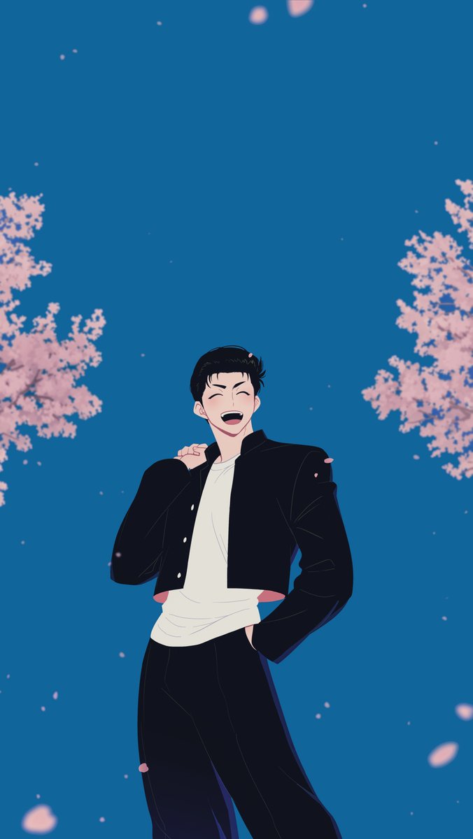 1boy male focus solo closed eyes black hair cherry blossoms jacket  illustration images