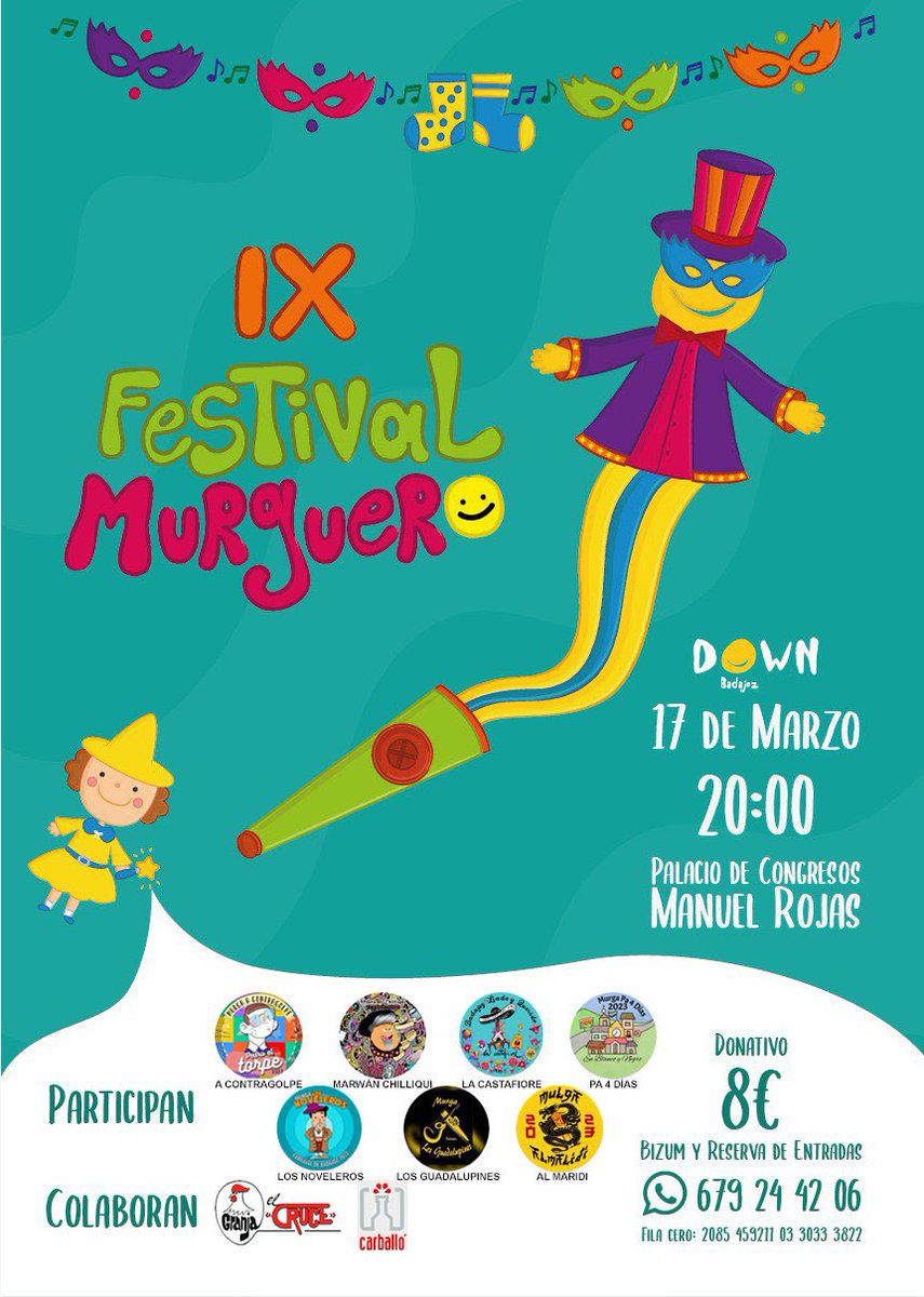 Rimas y Leyendas (@_rimasyleyendas) on Twitter photo 📅 El próximo viernes, día, 17… “se vienen cositas” 👉🏽😏
El Festival Murguero que organiza <a href="/DownBadajoz/">Down Badajoz</a> ES LO MÁS!. Así que, ya podéis ir reservando vuestras entradas 📲
Encantados de colaborar un año más! 📅 El próximo viernes, día, 17… “se vienen cositas” 👉🏽😏
El Festival Murguero que organiza <a href="/DownBadajoz/">Down Badajoz</a> ES LO MÁS!. Así que, ya podéis ir reservando vuestras entradas 📲
Encantados de colaborar un año más!