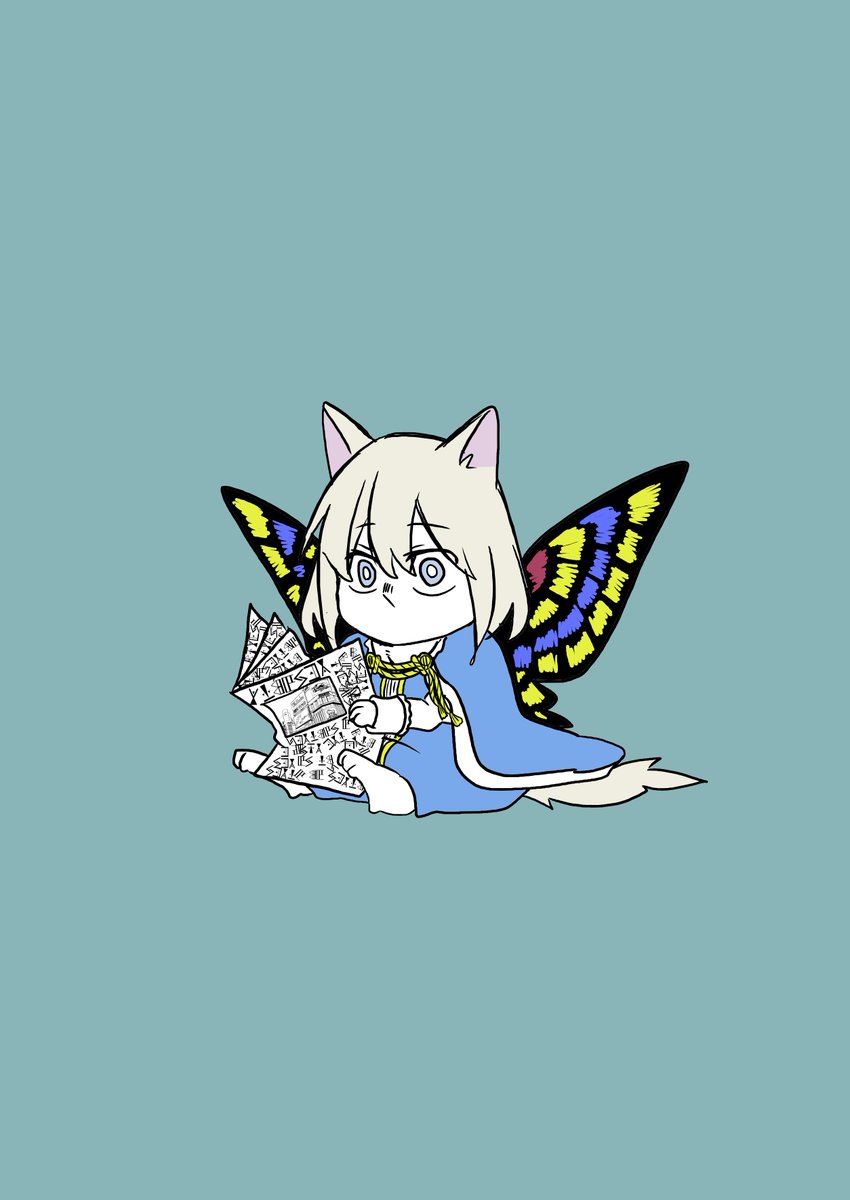 animal ears solo butterfly wings cat ears blue cape simple background newspaper  illustration images