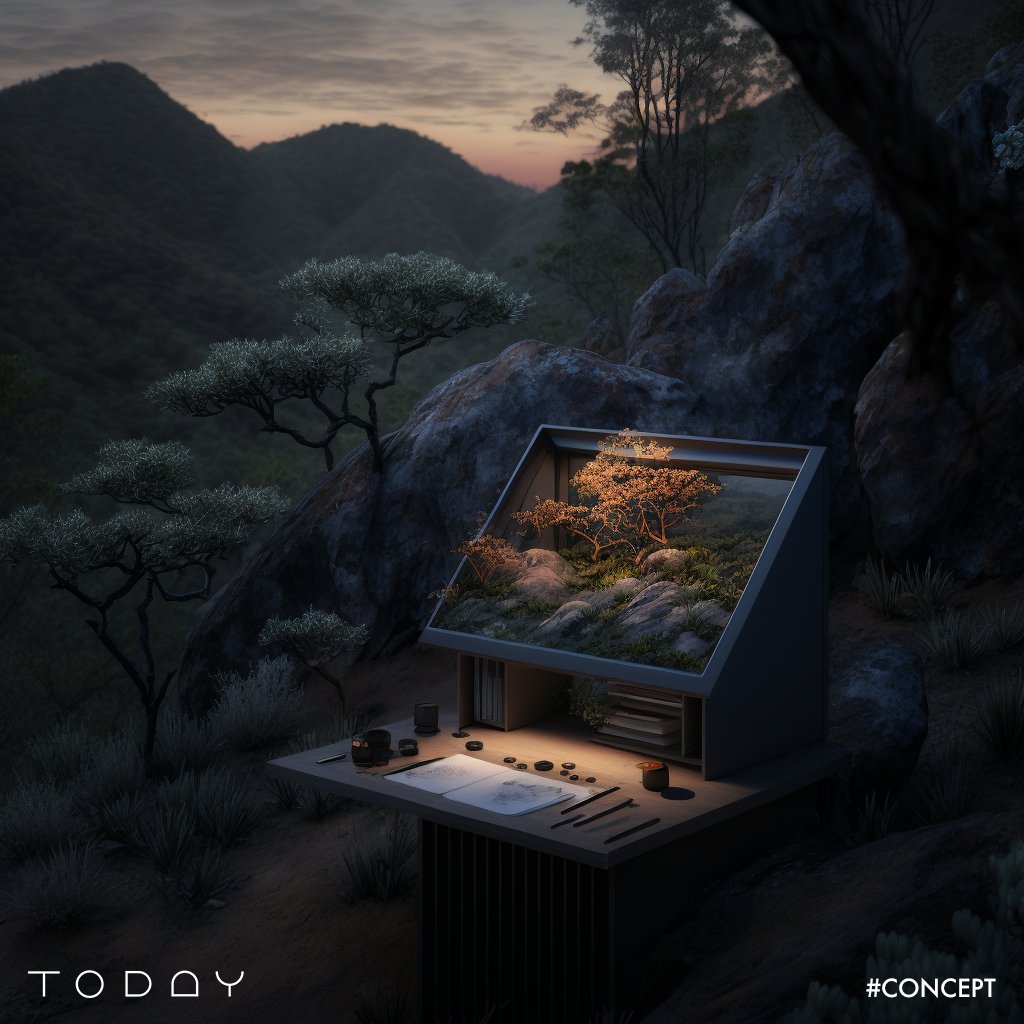 Designing your island is easier if you keep your desk organised, good lighting also a plus for those long stints obsessing over details you hope people will notice when they come to visit. 

#todaythegame #playtoday #rareseeds #concept #midjourney