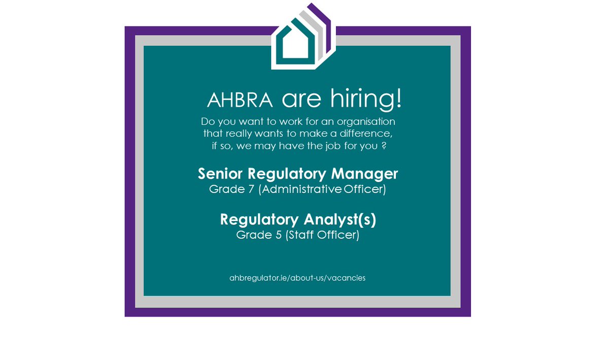We have 2 more exciting vacancies to announce today. Come and join our dynamic and supportive team. 

ahbregulator.ie/about-us/vacan…

#regulation #risk #compliance #assessment #inspection #housing #socialhousing #law #financialregulation #audit #auditor