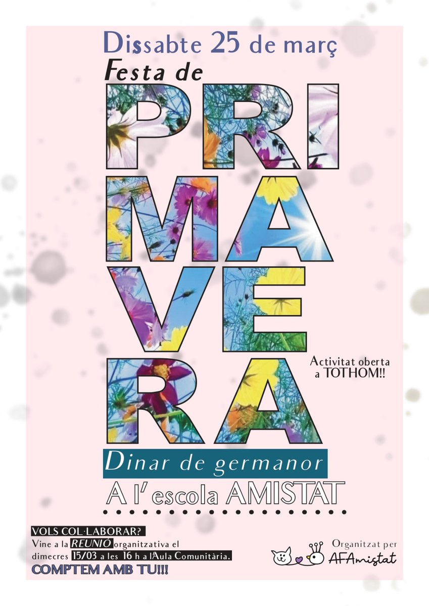 AMPAamistat's tweet photo. Ja s’acosta el bon temps i amb ell la Festa de PRIMAVERA de l’Escola Amistat! 🌷🌼

Així que reserveu la data: 
📆 Dissabte 25 de Març
L’any passat va ser un èxit, així que repetim format, a la festa hi haurà inflables, dinar arrossada i música per acabar-ho de rematar. 🎶 https://t.co/fFwQkD07sD