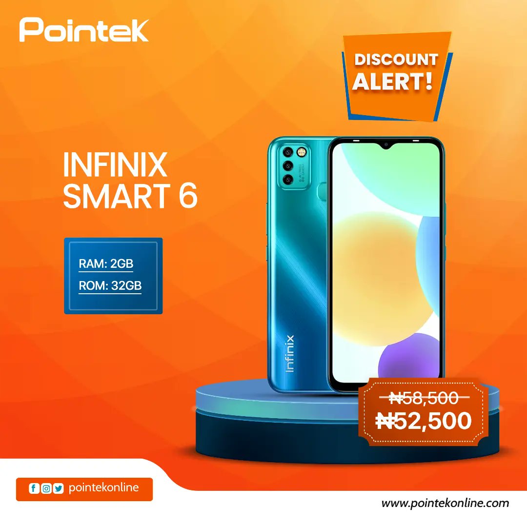 pointekonline's tweet photo. DISCOUNT SALES

Enjoy up to N10,000 discount on these Infinix smartphones at Pointek Stores in our gadgets week. Hurry up while stock last.

https://t.co/GEXtcDr5Sr 
Call: 08077102491

#Pointek #Pointekonline #Infinix #InfinixSmart6 #InfinixSmart6Plus #InfinixHot20i https://t.co/kEjlCzFaTL