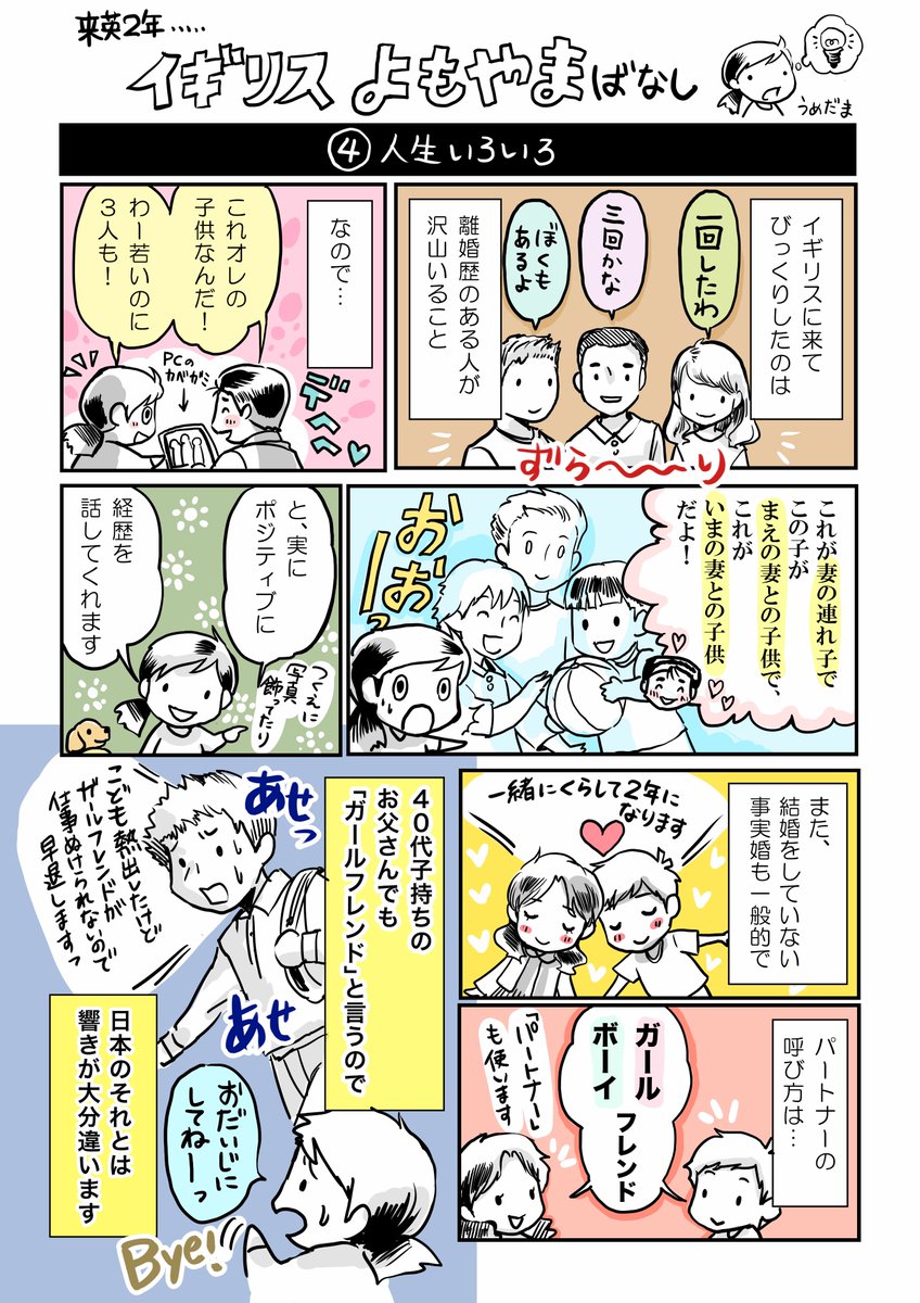 家族の多様性にもびっくり。私の職場や大学院には離婚を経験した人、結婚せず2人で子供を育てている人、LGBTを公言している人が当たり前に暮らしていました。この漫画を書いた時は結婚するとは思っていなかったなぁ。日本人と結婚する場合「のみ」改姓が必要ってやっぱり人権的に変だと今も思います。 