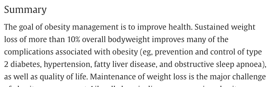 Sustained weight loss of more than 10% of overall body weight improves many of the complications associated with #obesity.

Maintenance of weight loss is the major challenge of obesity management and requires a long-term, multimodal approach.

sciencedirect.com/science/articl…