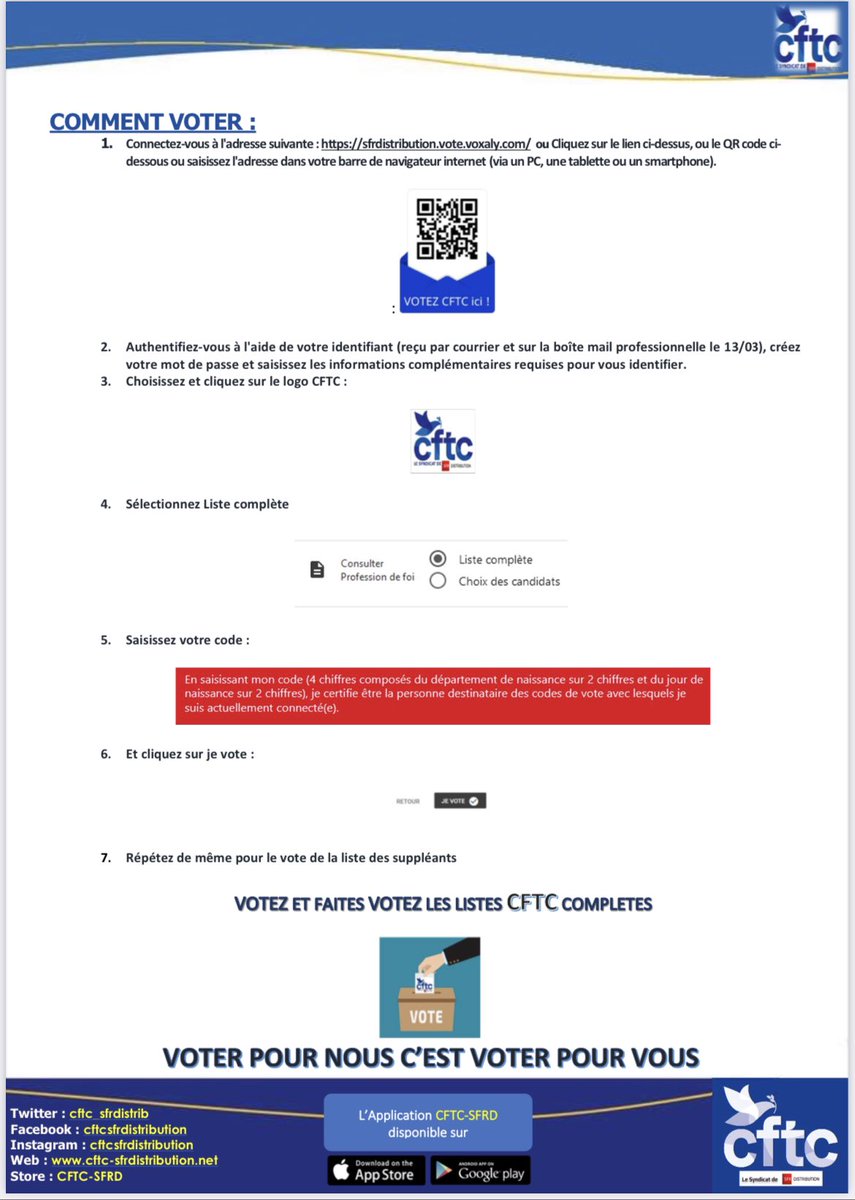 cftc_sfrdistrib's tweet photo. 🚨Les Élections Pro « CFTC Mars 2023 » comment voter dès lundi ?
Voici le pas à pas ☺️
🗳️🗳️Votez CFTC 🗳️🗳️
Nous représentons toutes les catégories d’emplois
Les représentants CFTC sont : des conseillers/eres / rpv-rpvi / CDV / fonction support siège. 💪🏻
#SFRDISTRIBUTION
#sfrd https://t.co/mVEGpQp3VF