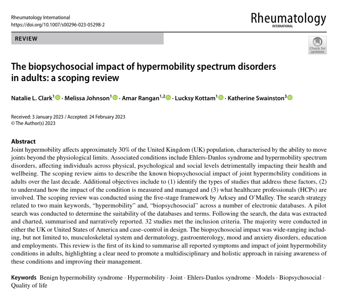 Over the moon to see my first piece of work for Stage 2 Health Psychology training has been published in Rheumatology International this morning👏🏻🥳 

Link: doi.org/10.1007/s00296…

#hypermobility #EhlersDanlosSyndrome #biopsychosocial