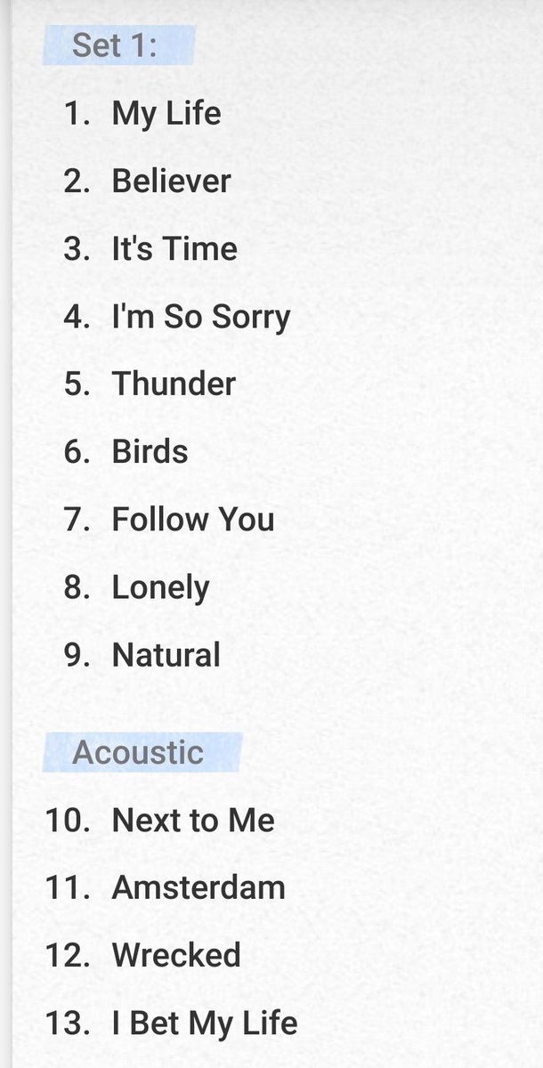 IDragonsDaily's tweet photo. Setlist from @Imaginedragons in Buenos Aires, Argentina.
March 9, 2023

Andrew Tolman replaced Platz on the drums https://t.co/Vm7Mupntoq