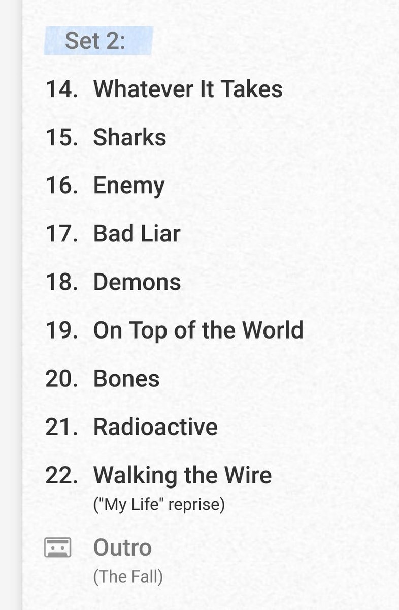 IDragonsDaily's tweet photo. Setlist from @Imaginedragons in Buenos Aires, Argentina.
March 9, 2023

Andrew Tolman replaced Platz on the drums https://t.co/Vm7Mupntoq