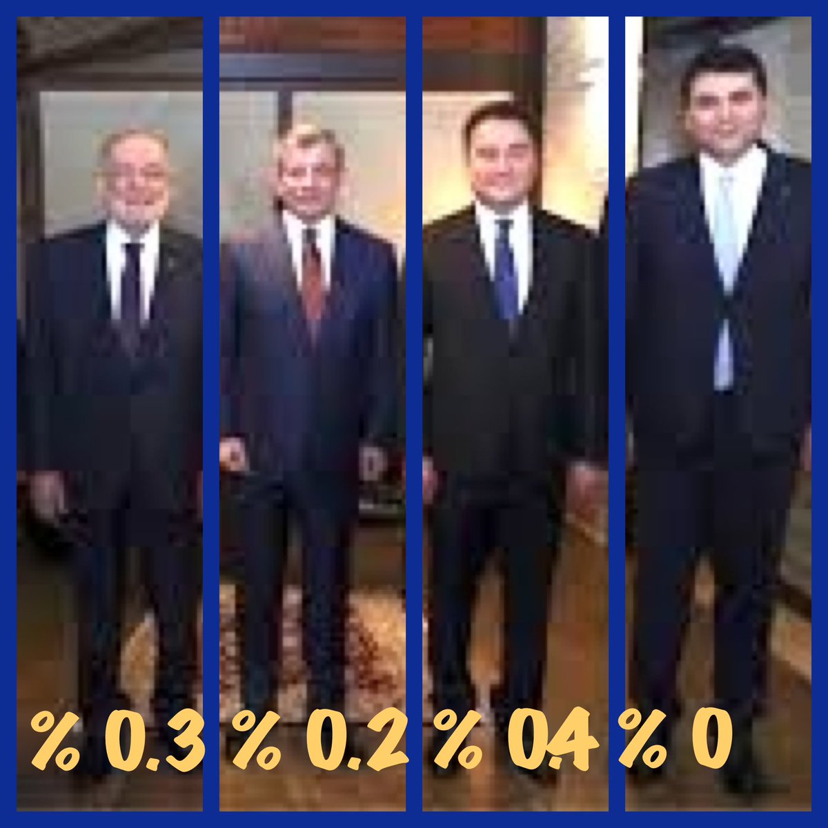 SON ANKETLERDE DÖRT PARTİNİN OYU;

DEVA % 0.4,
GELECEK % 0.2,
SAADET % 0.3
DP 0.0001

TOPLAMI % 1 ETMİYOR.
TOPLAMI
YENİDEN REFAH’IN
YARISI ETMİYOR.

KILIÇDAROĞLU BUNLARA CHP MV’LERİNİN % 40’NI PEŞKEŞ ÇEKİYOR.

AKŞAM 23.00’DE SOHBET ODASINI KAÇIRMAYIN.
